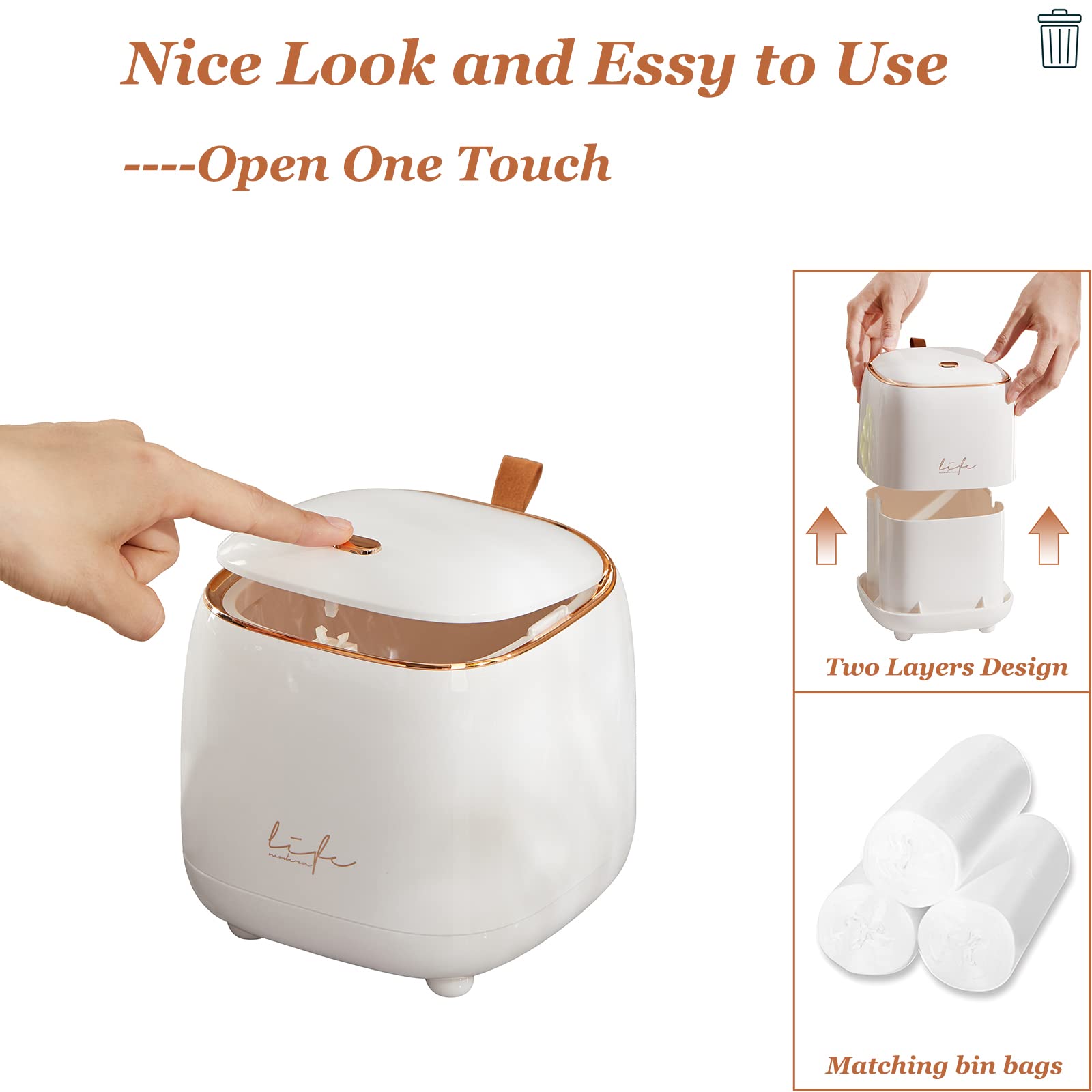 Mini Countertop Trash Can with 3 Rolls of Trash Bags - Press Type Lid Small Waste Bin for Bathroom Vanity, Coffee Table, Office Desk - Compact White Garbage Can for Home & Office Use