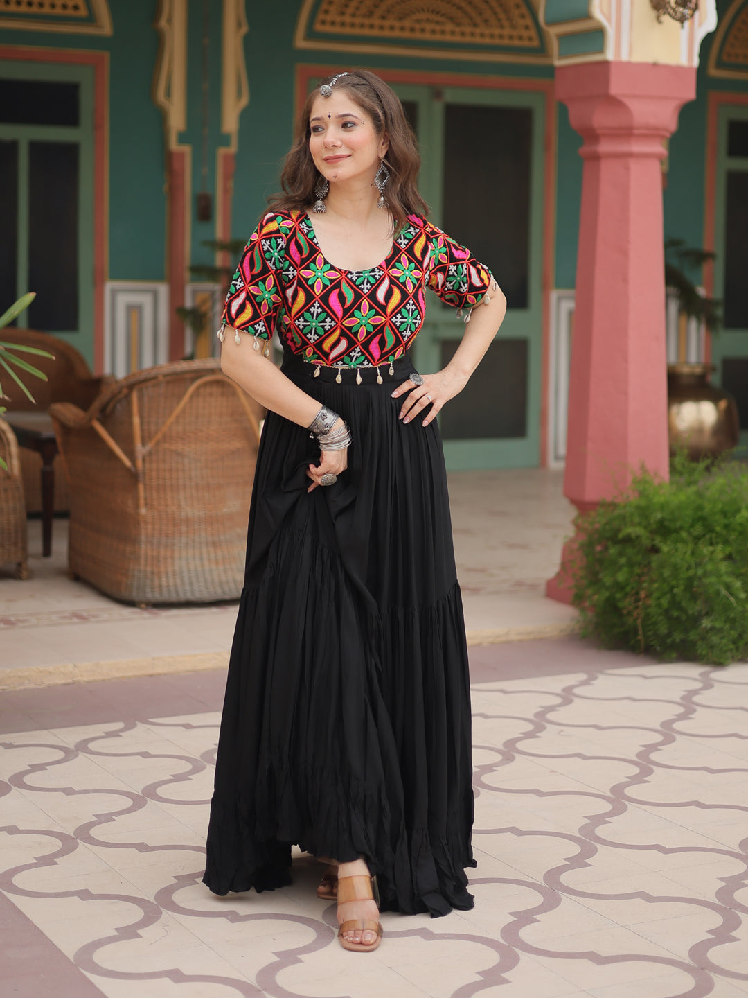 Elegant Black Navratri Anarkali Long Gown with Kutchi Gamthi Embroidery - Perfect for Festivals, Weddings & Cultural Events