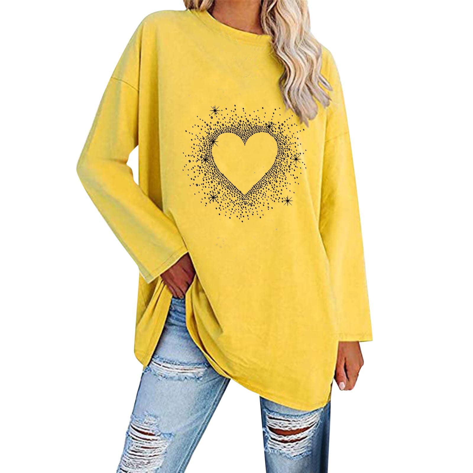 Women's Oversized Long Sleeve T-Shirt - Soft Cotton Loose Fit Crewneck Blouse with Heart Print (Yellow, Size S) | Casual Wear, Layering Piece, Everyday Comfort Top