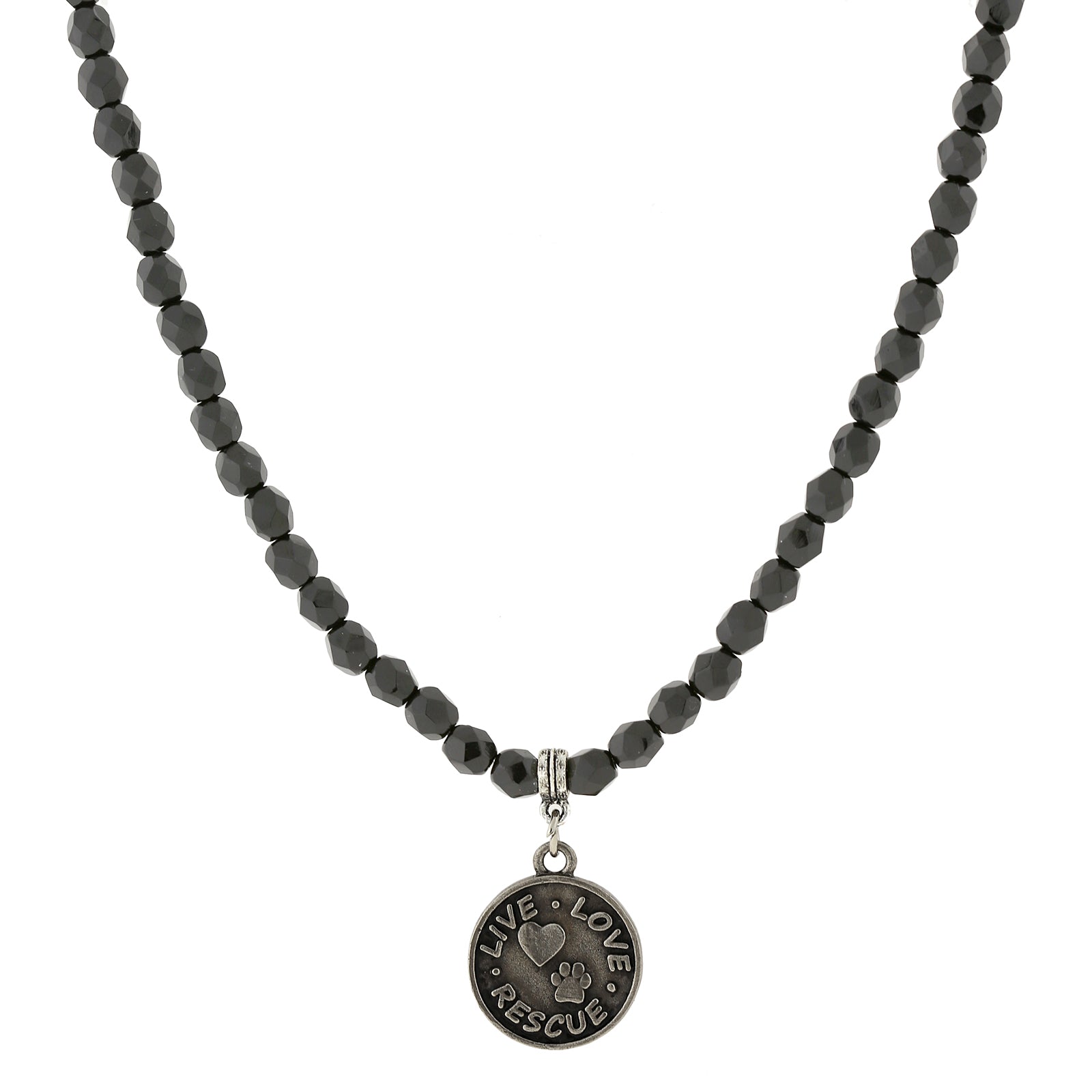 1928 Jewelry Black Bead Live Love Rescue Pendant Necklace with 15+3 Inch Extender - Elegant Layering Necklace for Women, Perfect for Valentine's Day Gifts, Anniversary or Everyday Wear