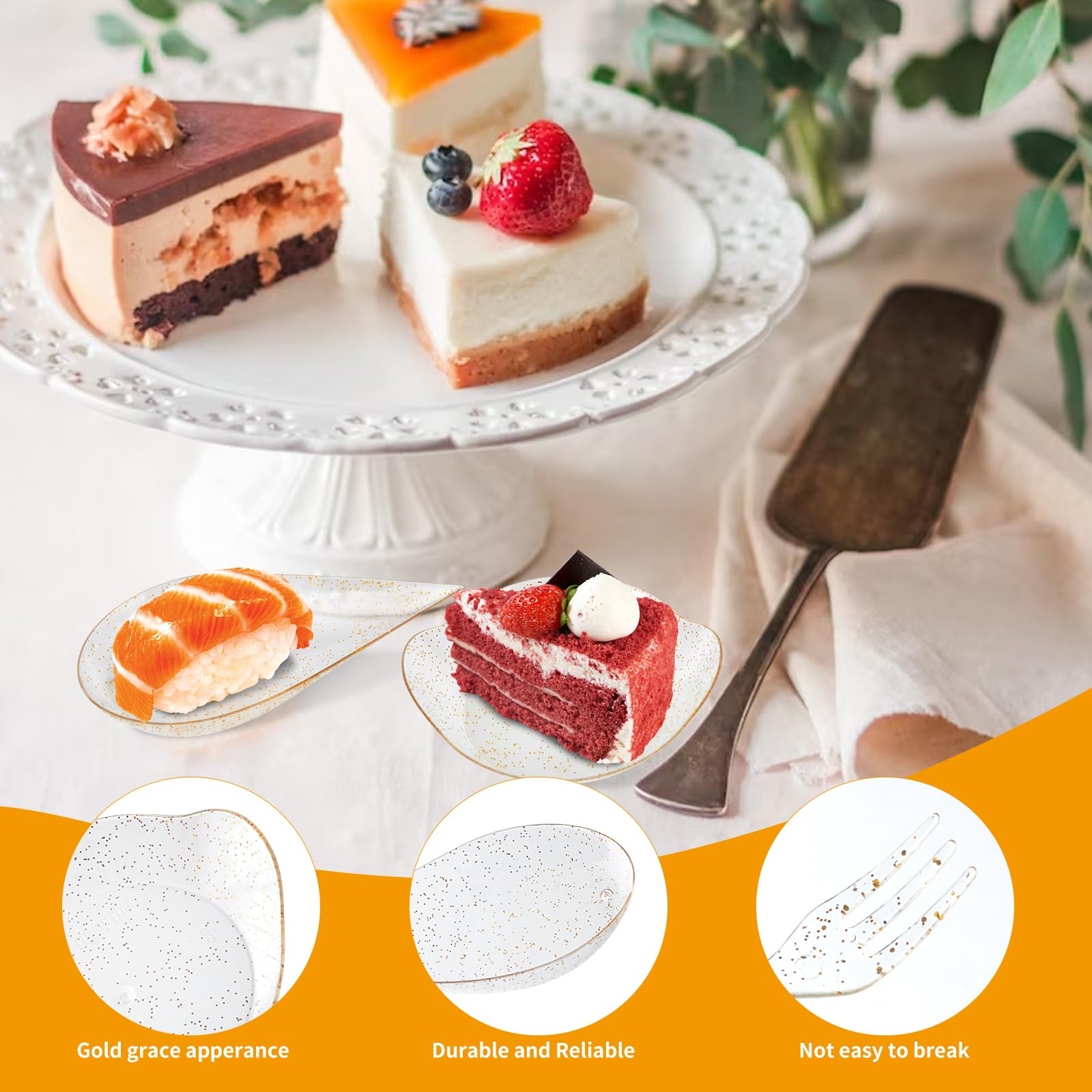 XUWAIDSGN 100-Piece Gold Mini Appetizer Plates Set - Elegant Tear Drop & Square Dessert Plates with Forks & Spoons - Perfect for Weddings, Cocktail Parties & Formal Events - Ideal for Serving Chocolates, Canapés & Hors d'oeuvres