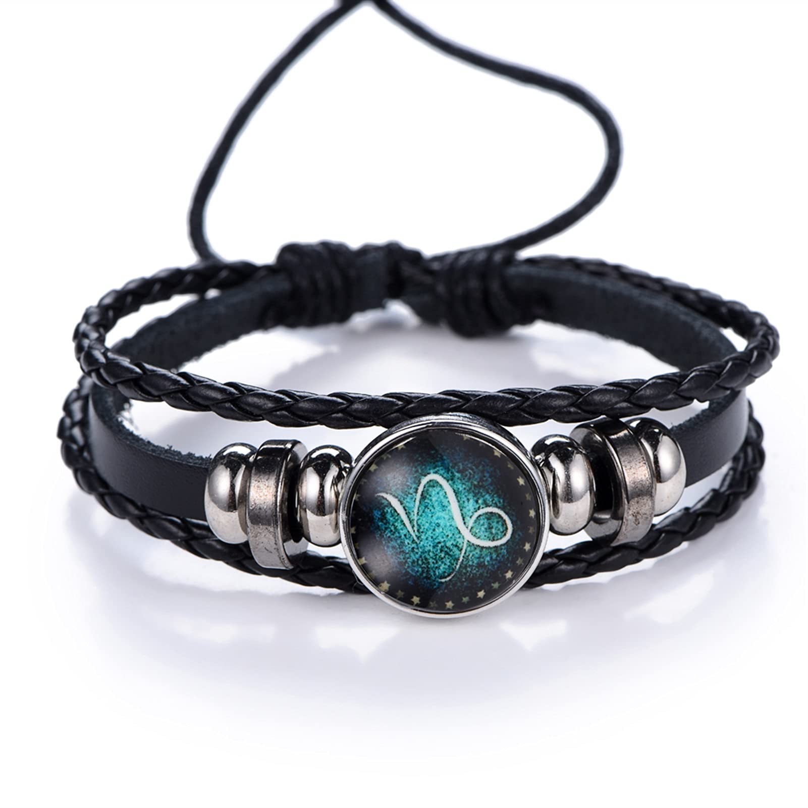 12 Constellations Zodiac Sign Leather Bracelet with Beads - Punk Bangle for Men & Boys - Capricorn Astrology Jewelry - Travel Accessories & Unique Gifts (Metal Color) - Perfect for Daily Wear, Parties & Spiritual Gifts