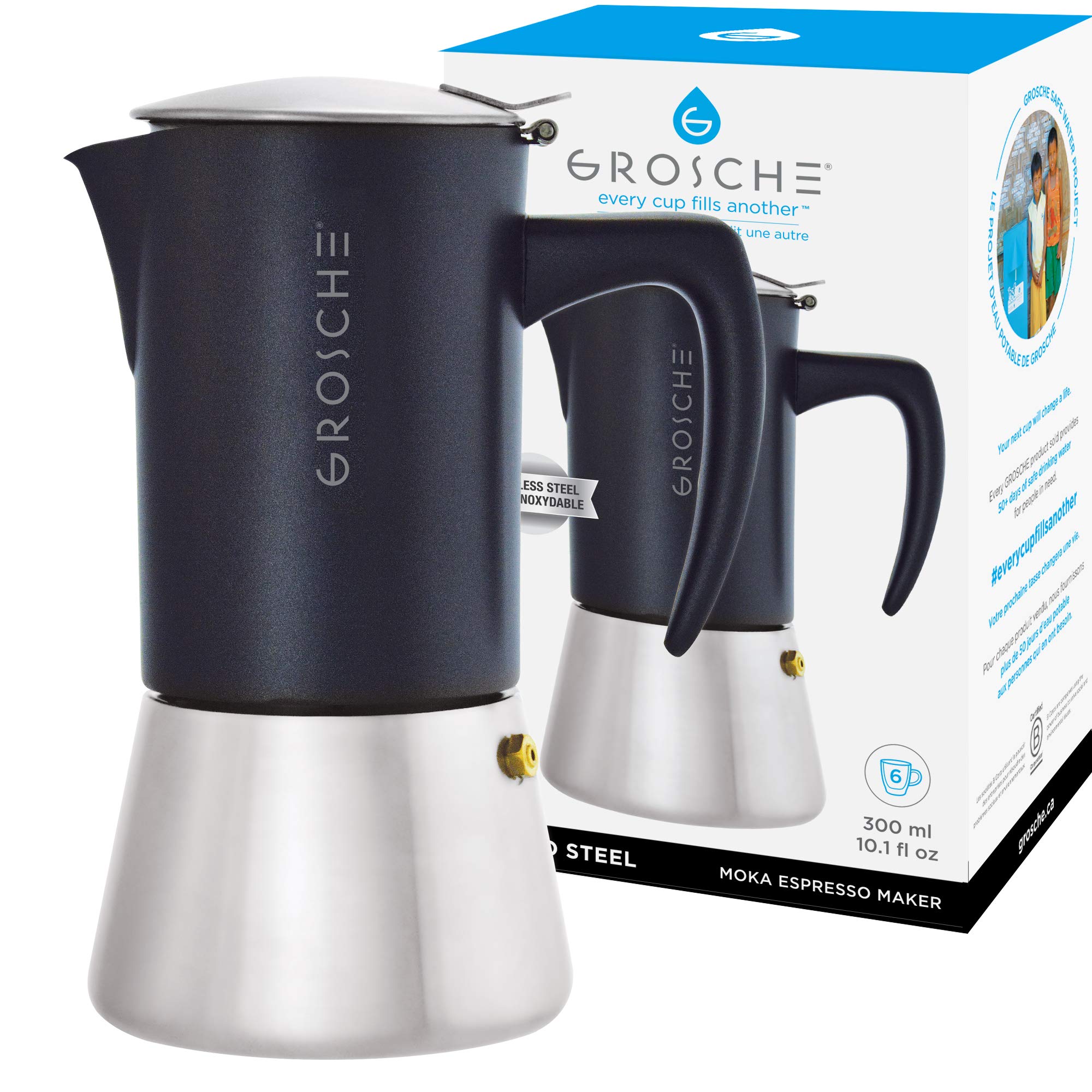 GROSCHE Milano Steel Stovetop Espresso Maker - 6 Cup Moka Pot for Induction, Electric & Gas Stoves | Stainless Steel Italian Coffee Maker | Dishwasher Safe | Perfect for Home, Office & Camping Coffee Brewing