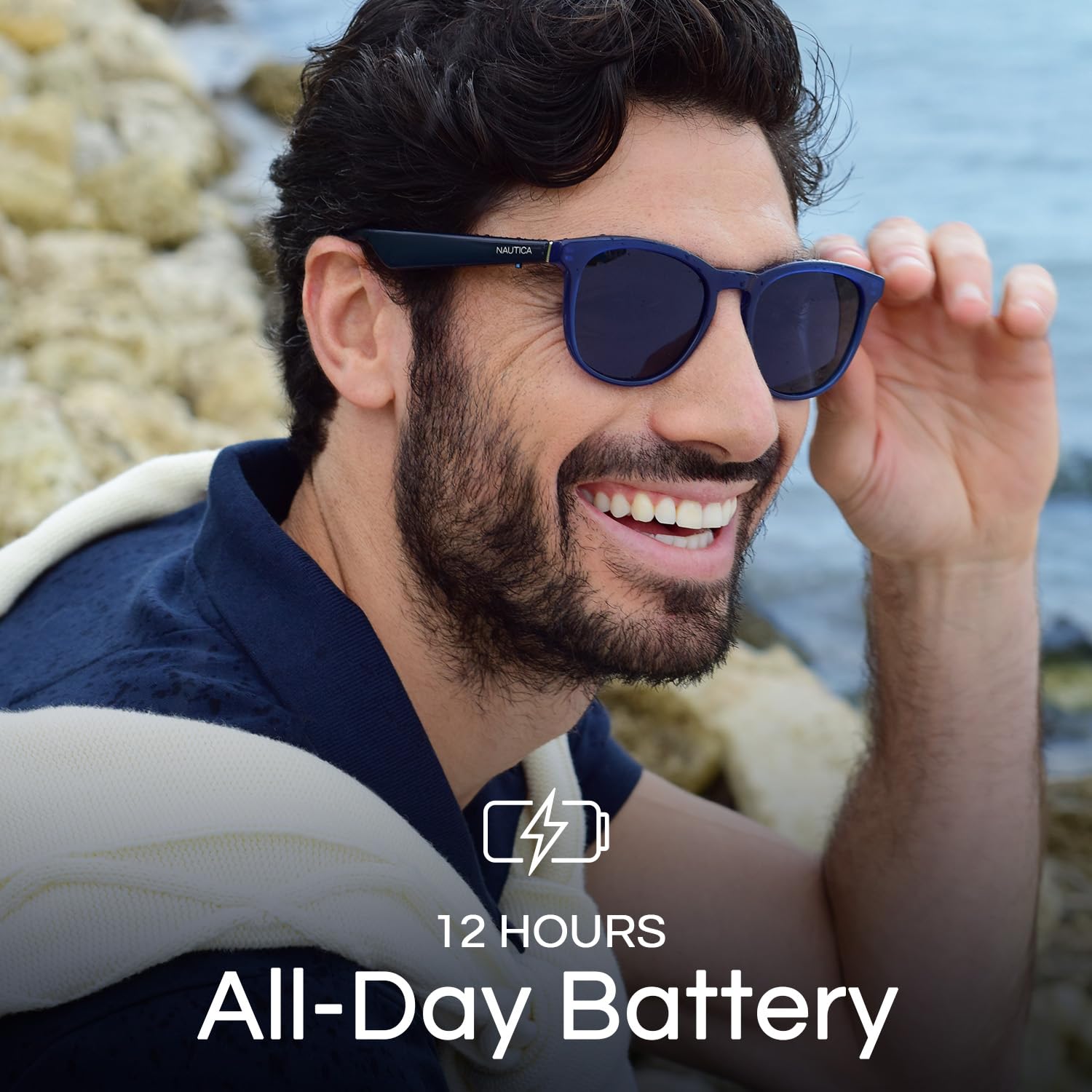 Nautica Tailwind Smart Sunglasses for Men & Women - Wireless Bluetooth Glasses with Open Ear Speakers, Built-in Mic & Polarized UV400 Lenses - Solid Navy Blue (Wide Fit) - Perfect for Running, Cycling & Outdoor Activities