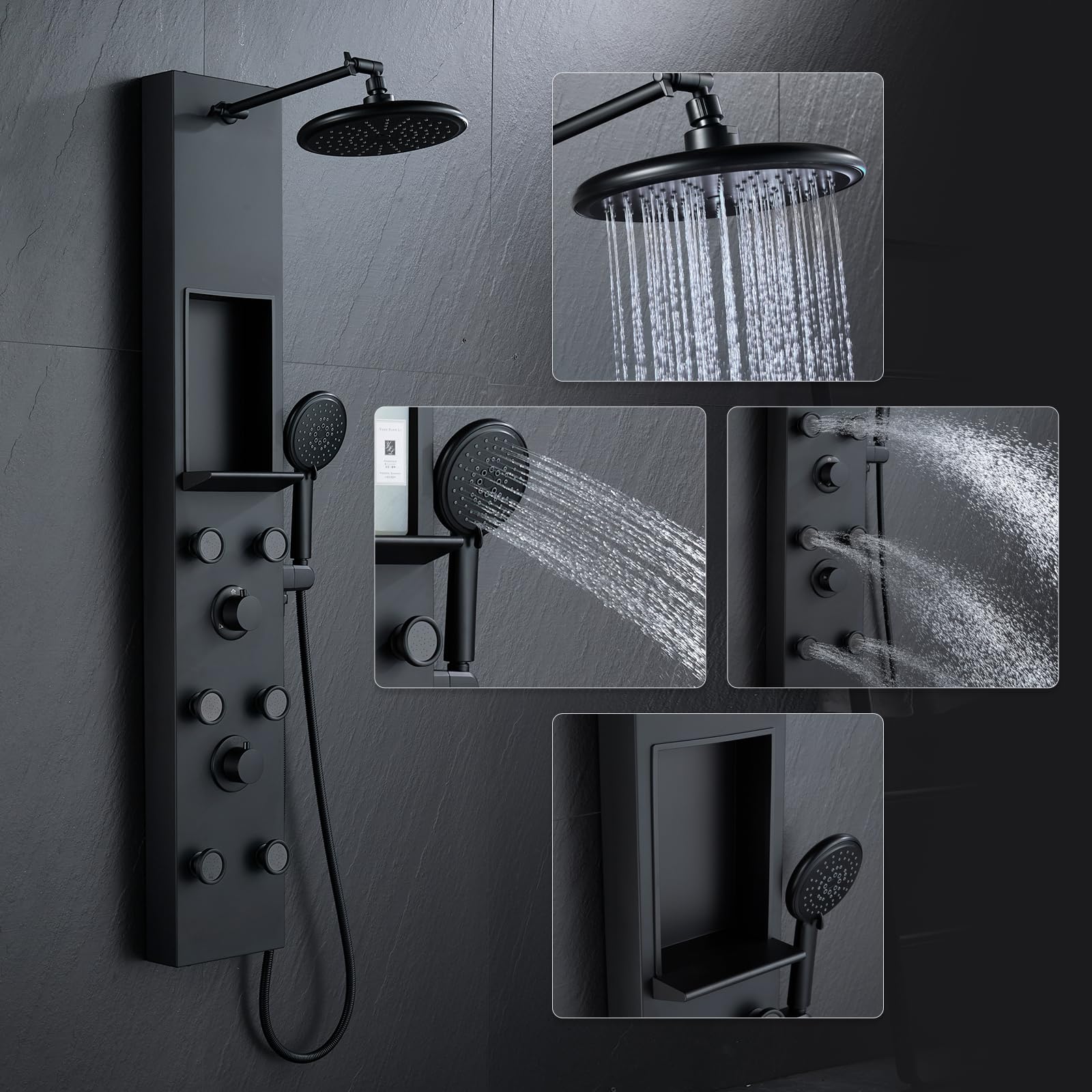 Premium Stainless Steel Shower Panel Tower System with Adjustable Height Rainfall Shower Head, 6 Body Massage Jets & Built-in Shelf - Modern Black Bathroom Shower Column for Spa-like Relaxation (Perfect for Master Bathrooms, Luxury Home Renovations & Hotel Style Showers)