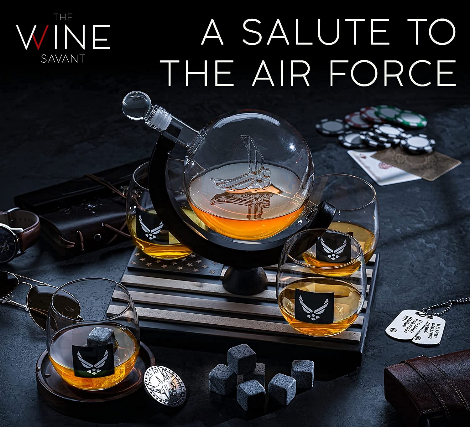 US Air Force Whiskey Decanter Set with 4 Glasses & 9 Whiskey Stones - Wooden Base Bourbon Scotch Gift for Men, Dad, Him - Perfect for Home Bars, Man Caves & Military Themed Parties