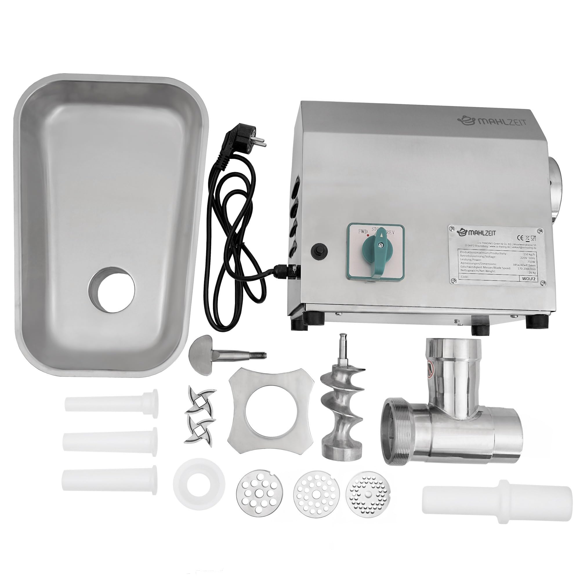 Professional Electric Meat Grinder - 750W Stainless Steel Sausage Stuffer & Carnaval-Quality Mincer - Heavy Duty 150kg/h for Home Kitchen & Commercial Use - Perfect for Grinding Beef, Pork, Making Sausages & Burgers
