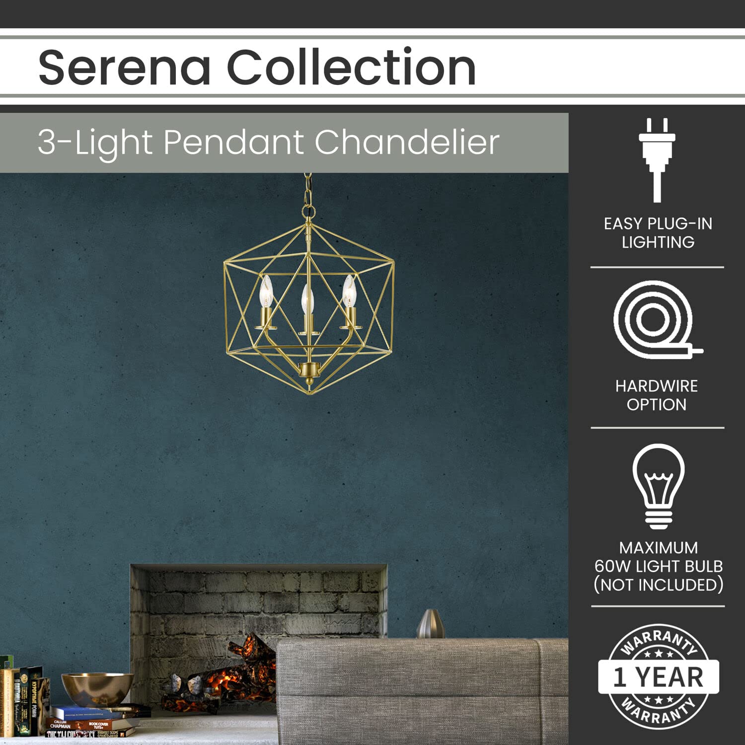 Hanover Serena 3-Light Gold Pendant Chandelier - Hardwire or Plug-in Swag Hanging Light Fixture for Bedroom, Living Room, Hallway, Entryway, Kitchen, Nursery - Perfect for Modern Home Decor and Ambient Lighting