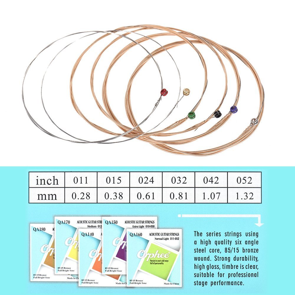 Orphee QA160 Acoustic Guitar Strings 6-Pack (.011-.052) - 85/15 Bronze Wound, Hexagonal Steel Core, Light Tension - Perfect for Folk, Country & Fingerstyle Playing