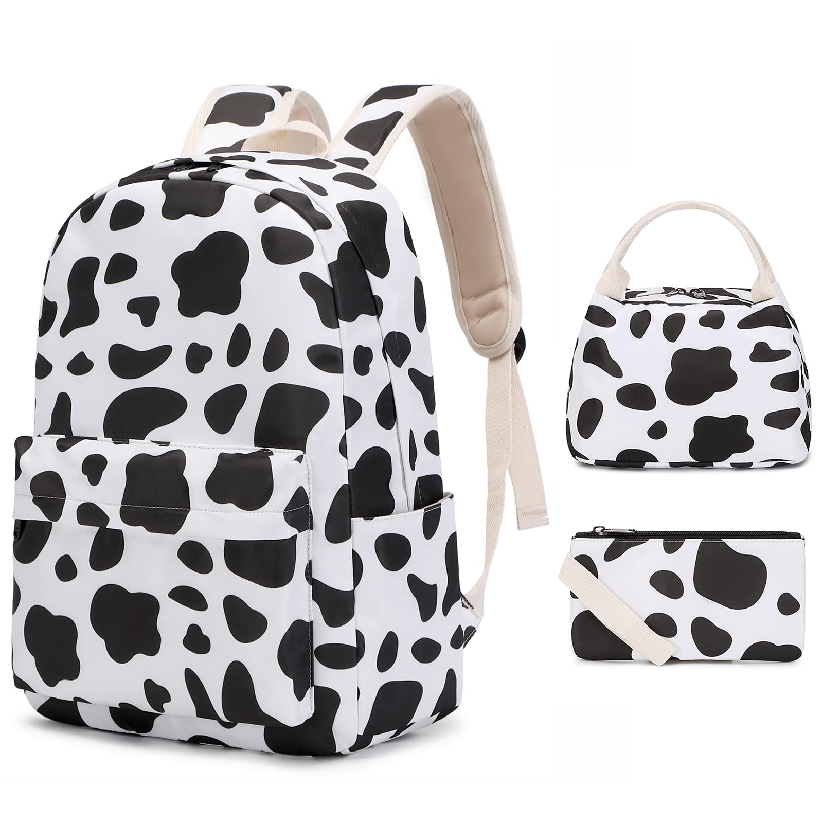 **Cow Print Backpack for Teen Girls - Lightweight High Capacity School Backpack with Lunch Bag 3-Piece Set (Cute Cow Pattern) - Perfect for Middle School, Travel & Daily Use**
