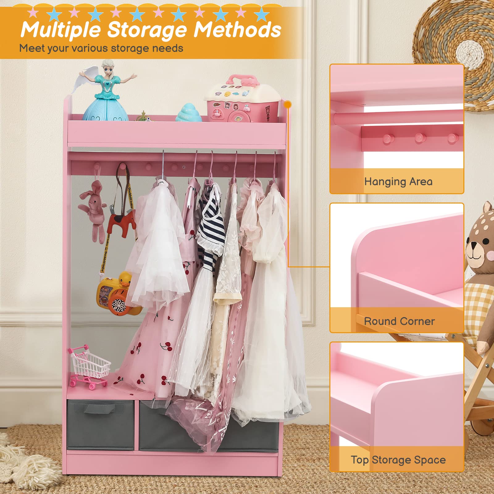 Kids Dress Up Storage Closet with Mirror - Pink Hanging Armoire for Costume Organization | Perfect for Pretend Play, Bedroom Decor & Toy Storage