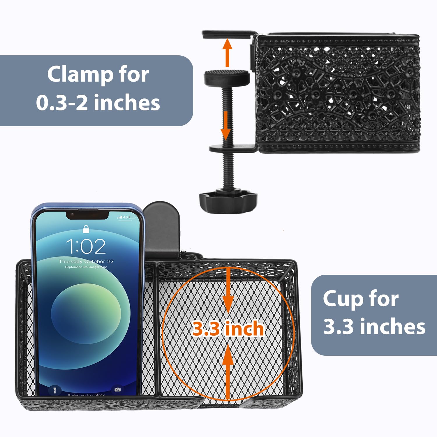Clip-On Desk Organizer with Cup Holder, Pencil Storage & Phone Stand - Space-Saving Office & School Accessories for Beverages, Stationery & Devices - Perfect for Work, Study & Home Organization