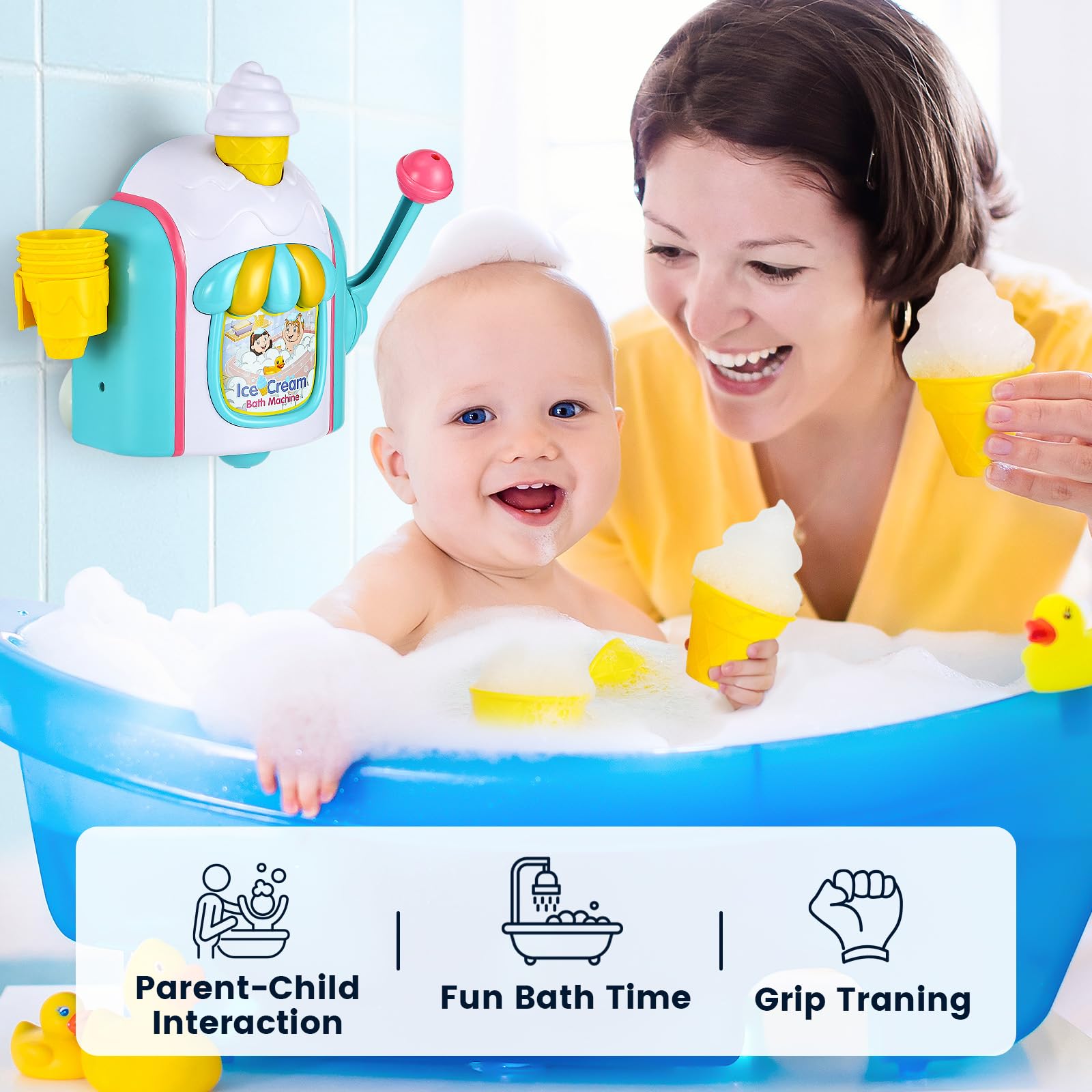 Best Baby Bath Toys for Toddlers 1-4 Years - Ice Cream Bubble Machine with Hooks, Fun Shower & Bathtub Toys for Kids 6-18 Months - Perfect for Sensory Play & Bath Time Fun