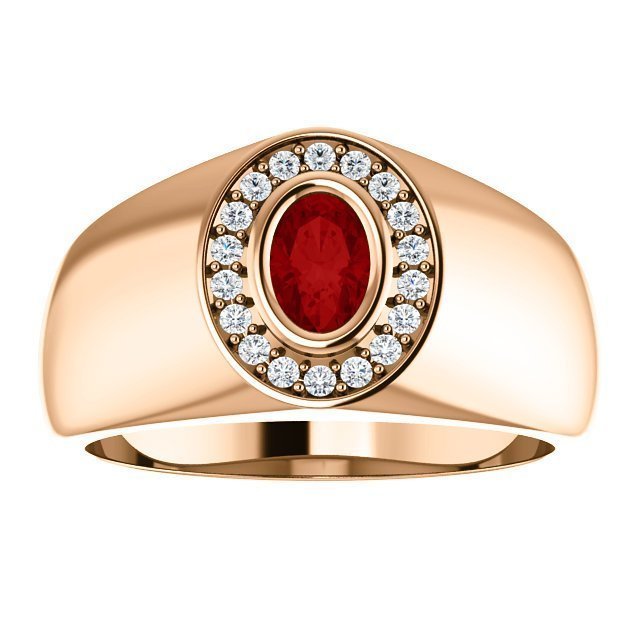 14K Gold Men's Ruby and Diamond Oval Halo Ring - 0.60ct Ruby & 0.18ctw Diamond Engagement Wedding Band for Him - Perfect for Proposals, Anniversaries and Special Occasions