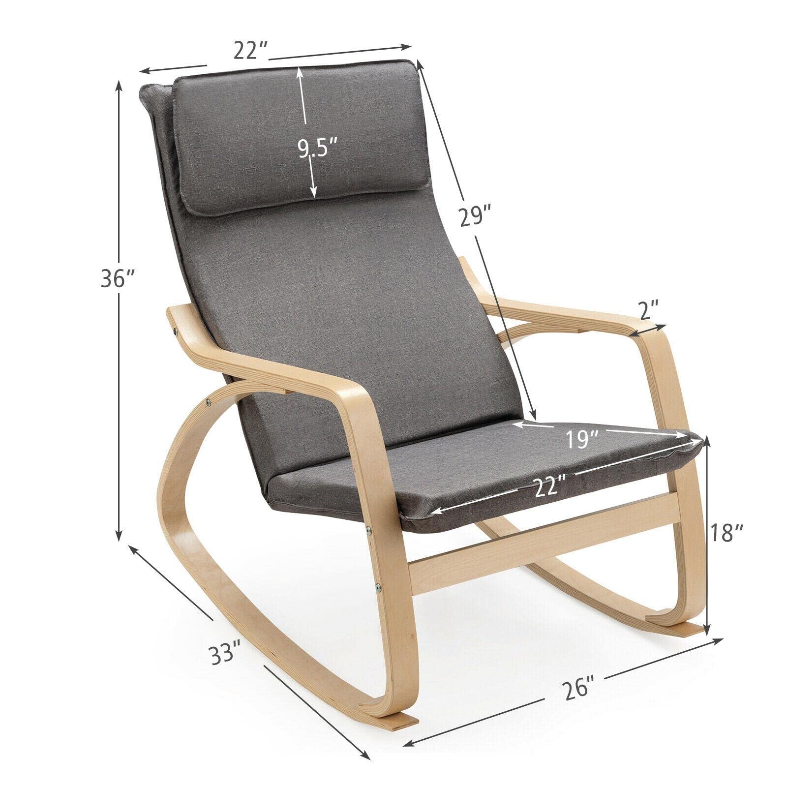 Modern Bentwood Rocking Chair - Gray Fabric Upholstered Lounge Rocker with Ergonomic Design for Living Room, Nursery, or Patio Relaxation | Comfortable Recliner for Reading, Nursing & Camping