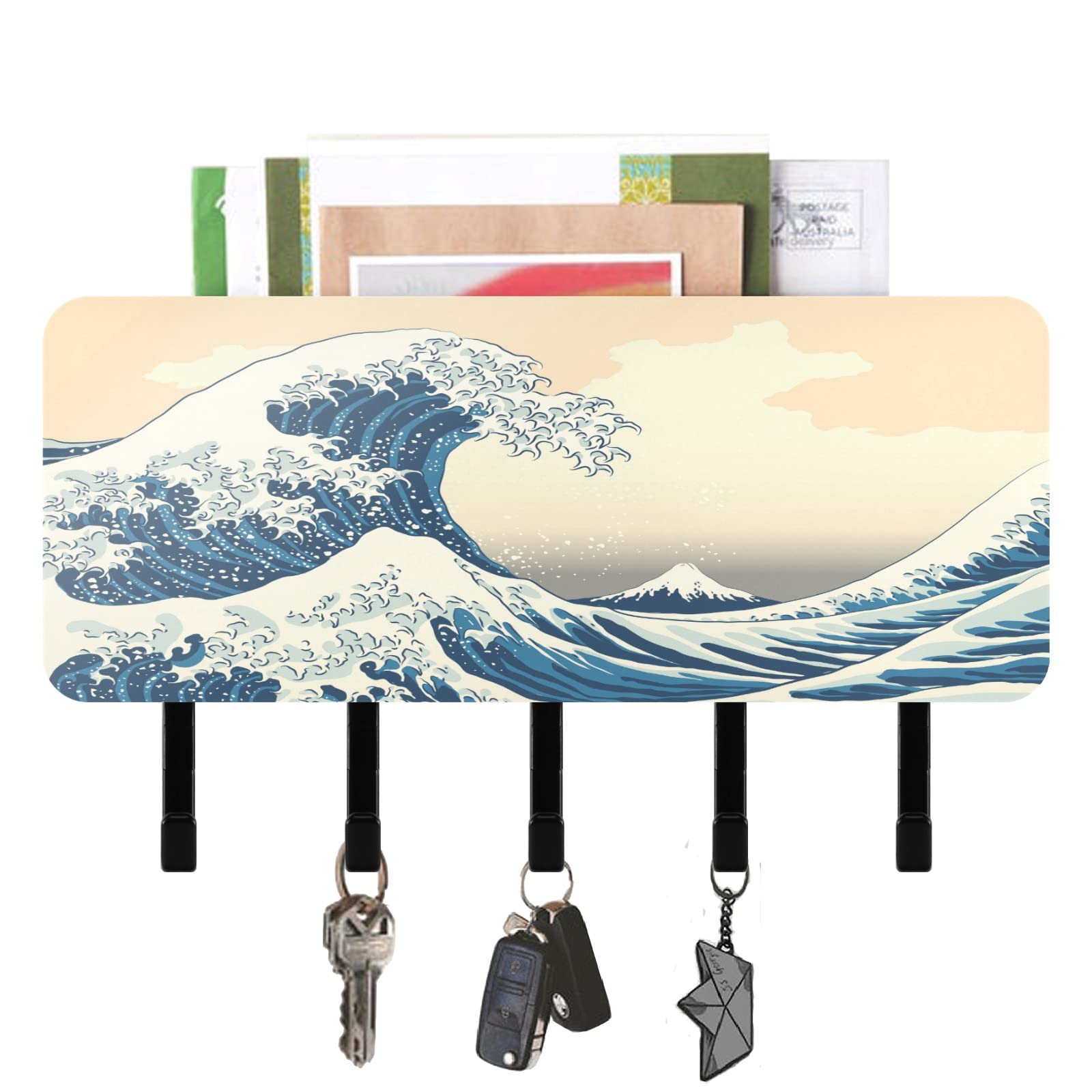 Sinestour Wave Ocean Mountain Fuji Key Holder Wall Hanger - 5 Key Hooks, Mail Organizer - Stylish Entryway Decor for Hallway, Kitchen, Apartment & Home (Perfect for Small Space Organization & Wall Decoration)
