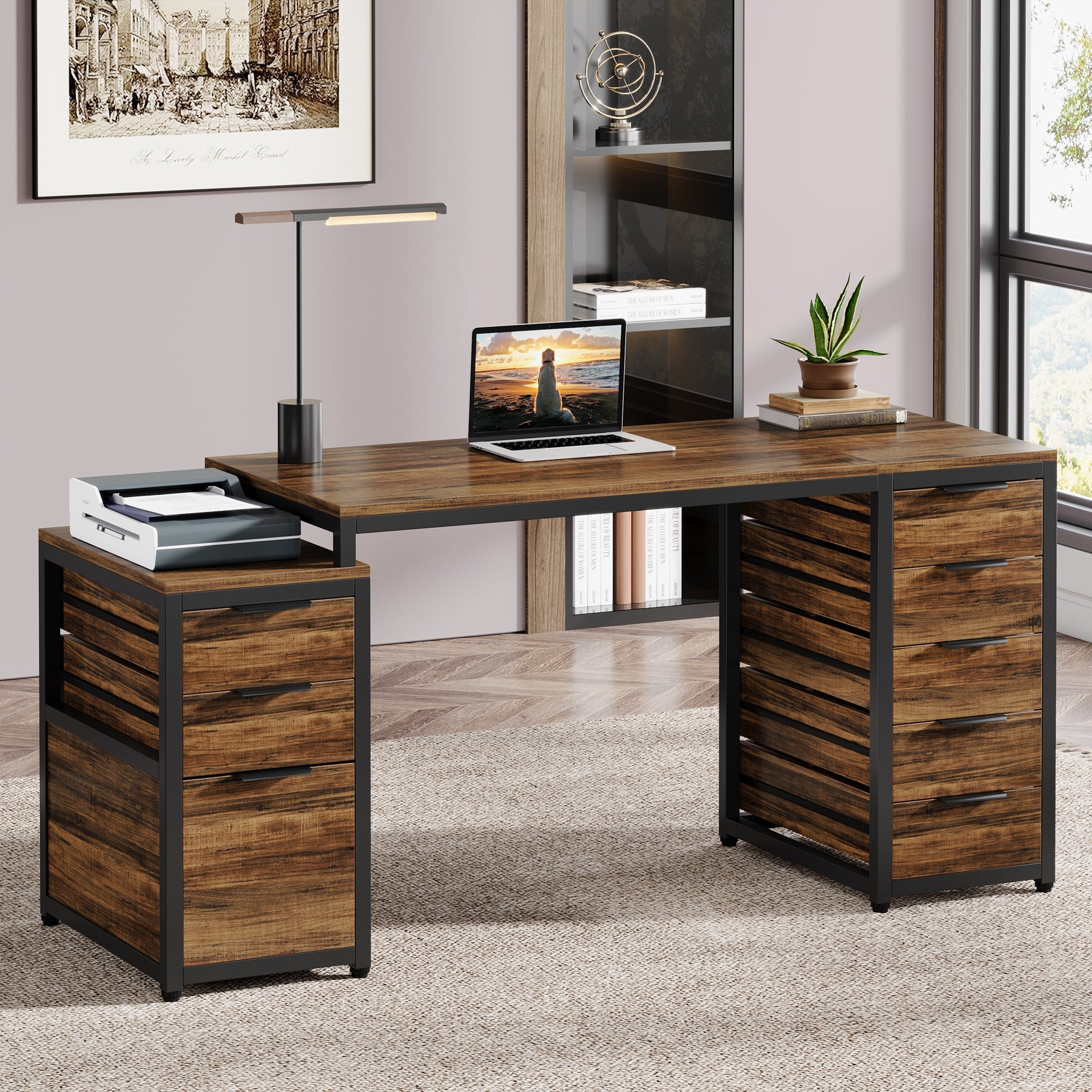 63 Inch Computer Desk with File Cabinet & Storage Drawers - Home Office Writing Study Table for Work, Gaming & Remote Learning