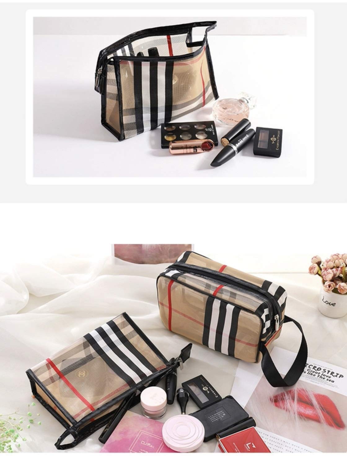 Waterproof PVC Stripe Cosmetic Bag with Zipper - Large Capacity Makeup Organizer for Women | Travel, Bathroom & Gym Storage | Portable Mesh Toiletry Bag (Khaki)