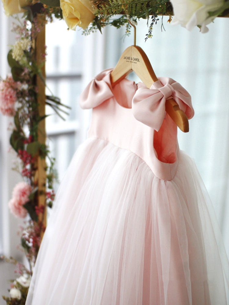 Pink Princess Round Tea Length Satin Flower Girl Dress - Perfect for Weddings, Birthday Parties & Special Occasions