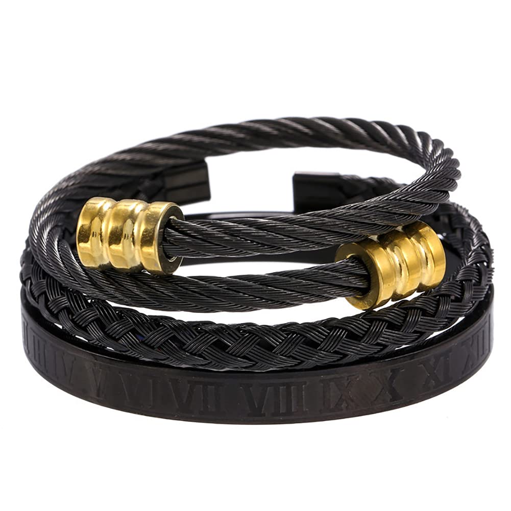3PCS Roman Numeral Stainless Steel Bracelet Set for Men - Adjustable Twisted Cable Bangle | Perfect for Casual Wear, Gifts & Everyday Fashion Accessories