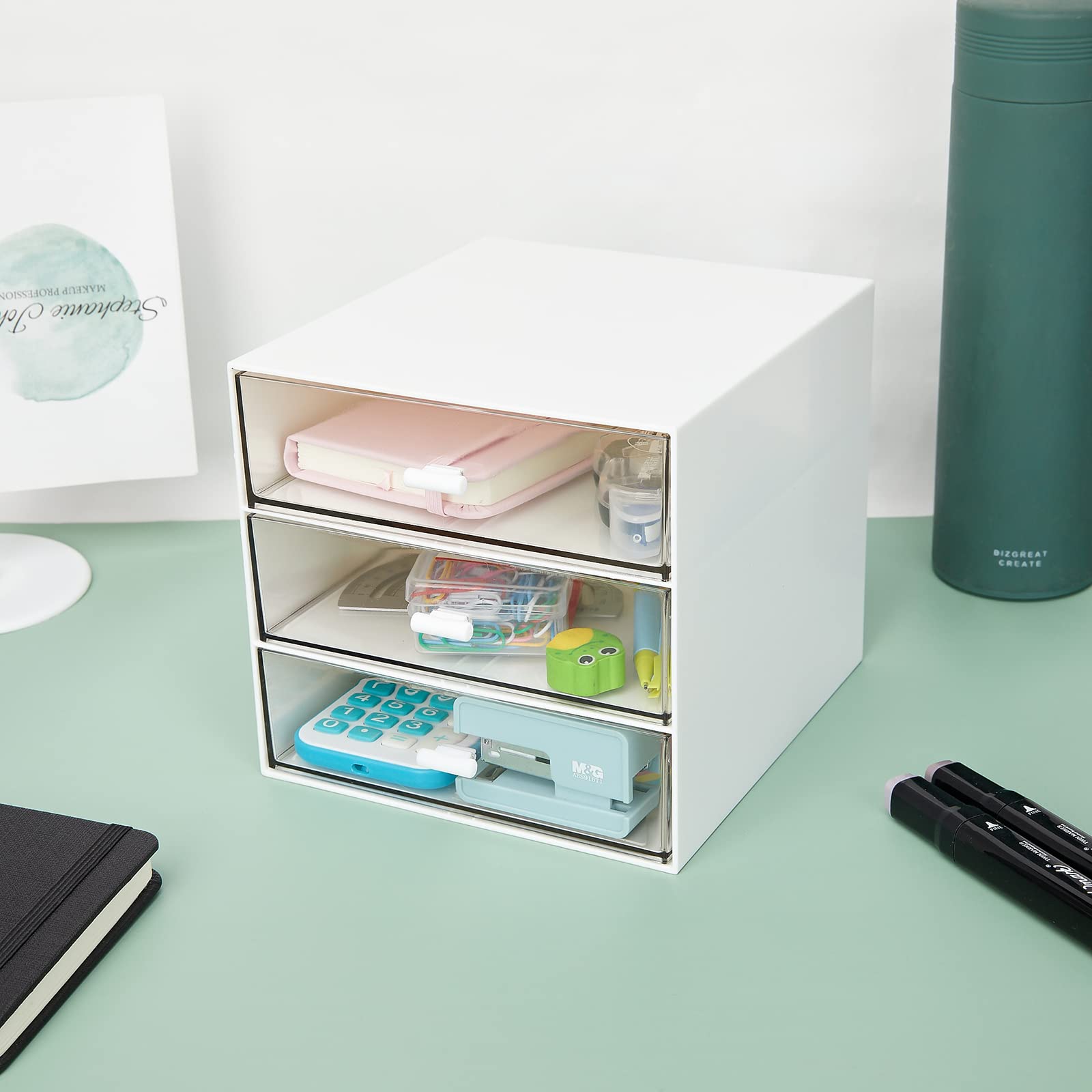 3-Drawer Clear Plastic Desk Organizer - Office Supplies Storage Box for Gel Pens, Pencils, Markers, Tape, Erasers, Paperclips & Chargers | Perfect for Home Office, School Desk & Workspace Organization (White)