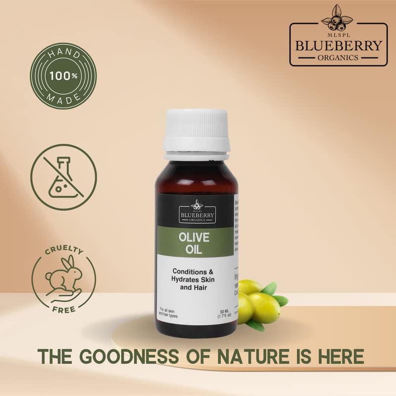 MLSPL BLUEBERRY ORGANICS Olive Oil - 100% Pure Cold Pressed Carrier Oil for Soap Making, Creams, Lotions & Hair Care | 50ml | Natural Moisturizer for Skin & DIY Beauty Products | Perfect for Aromatherapy, Massage & Homemade Cosmetics