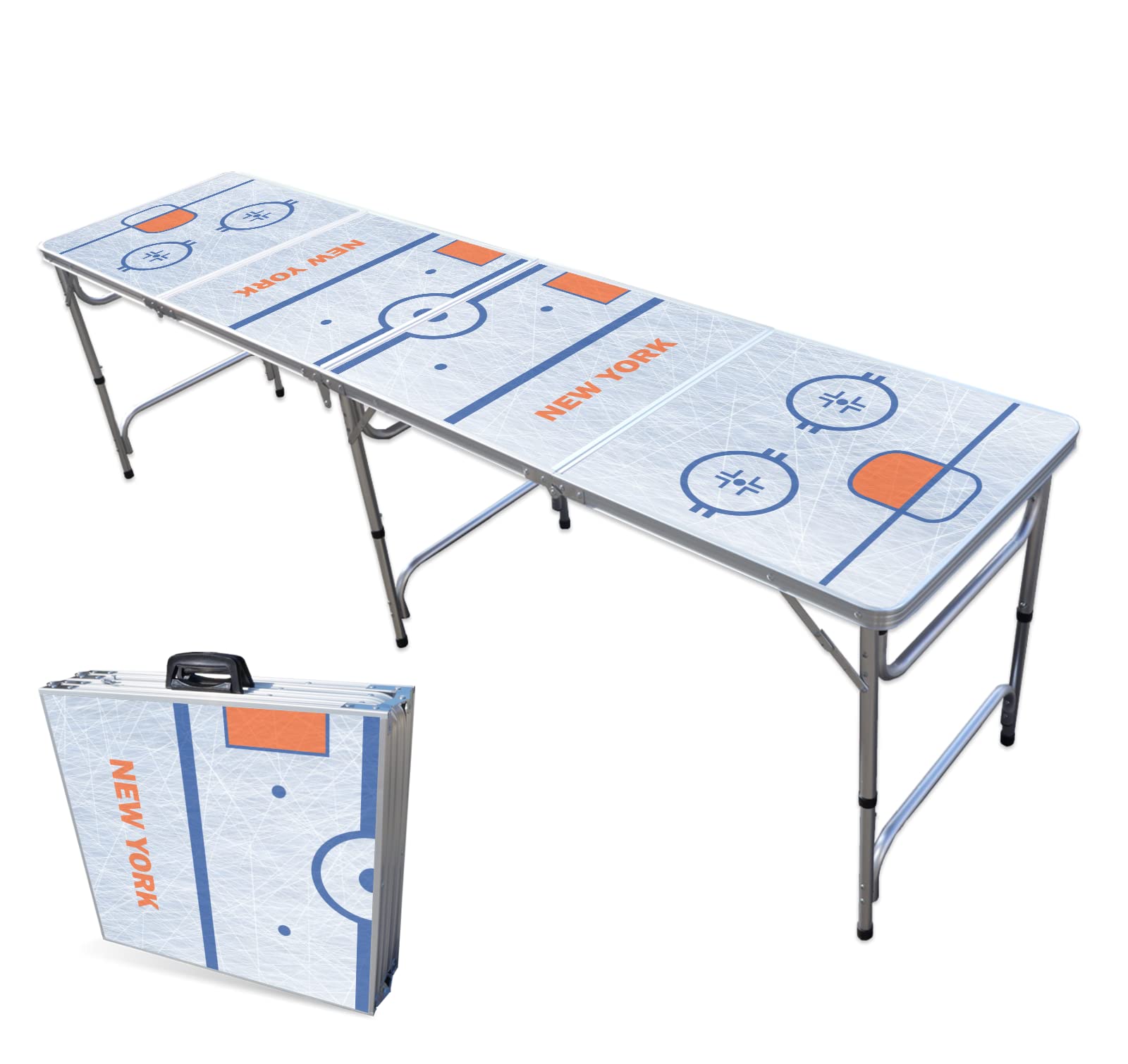 8-Foot Folding Portable Beer Pong Table with LED Lights & Optional Cup Holes - New York 2 Hockey Rink Design for Parties, Tailgates & Backyard Games (Multiple Models Available)