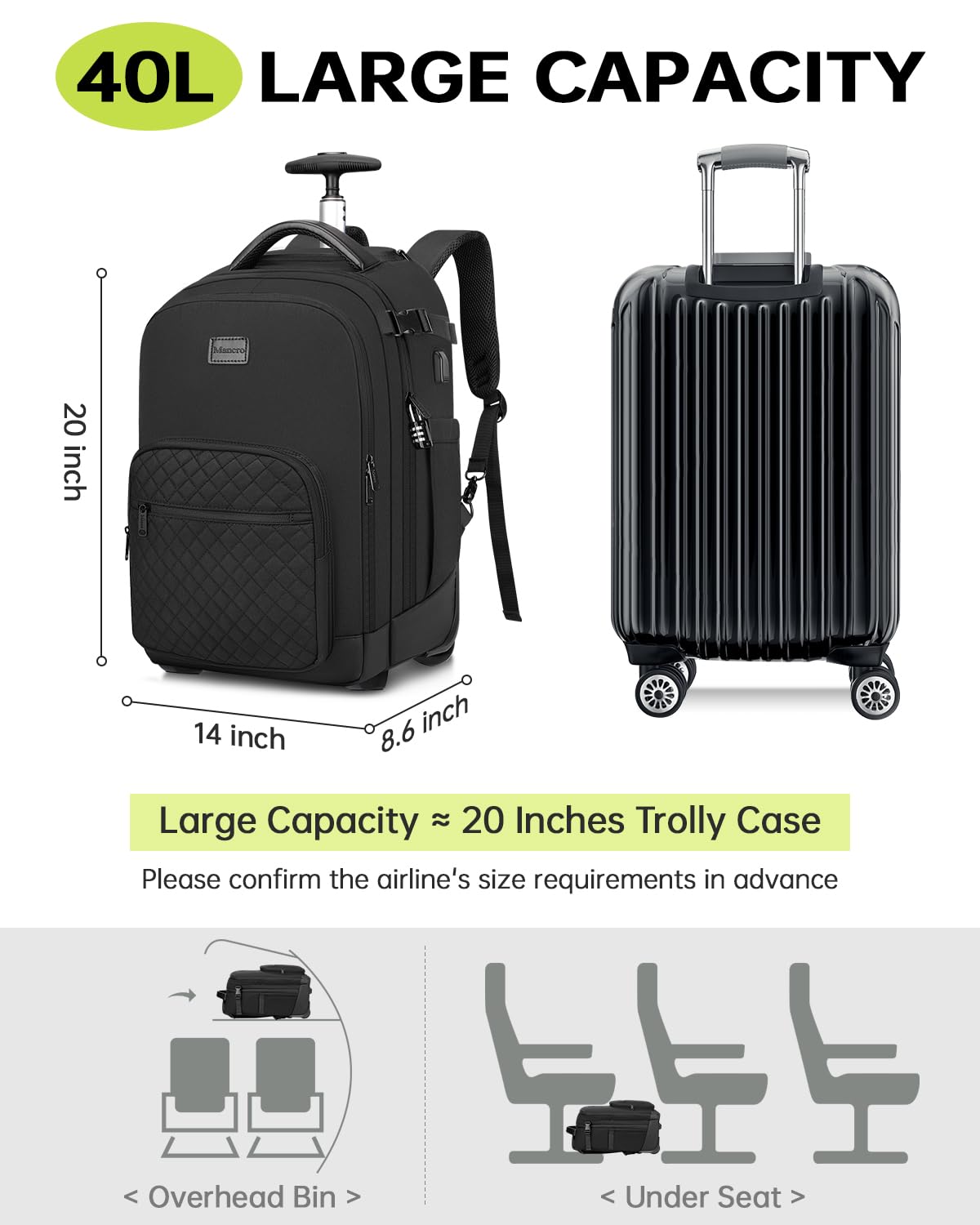 Mancro 17 Inch Water-Resistant Rolling Backpack for Women & Men - Wheeled Laptop Travel Backpack with Anti-Theft Design, Business Carry On Luggage & Overnight Roller Bag for Adults (Black) - Perfect for Business Trips, College Commute & Airplane Travel