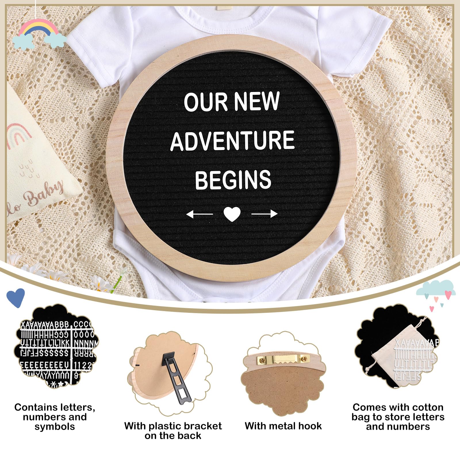8-Piece Pregnancy Announcement Set - Felt Letter Board, Round Sign, Baby Bodysuit, Booties & Wooden Blocks for Gender Reveal & Baby Shower (Black) | Perfect for Social Media Announcements, Maternity Photos & New Parent Gifts