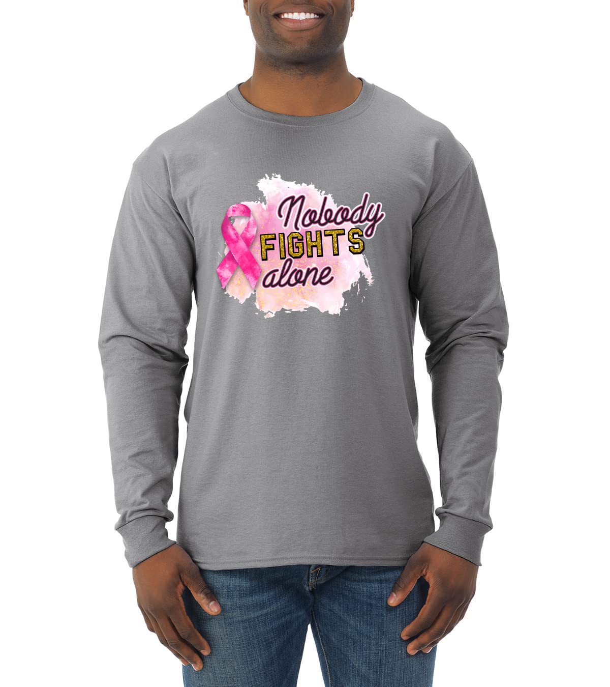 Wild Bobby 'Nobody Fights Alone' Watercolor Sparkles Breast Cancer Awareness Long Sleeve Shirt for Men - Comfortable & Stylish Support Wear for Fundraisers, Survivor Events & Everyday Inspiration