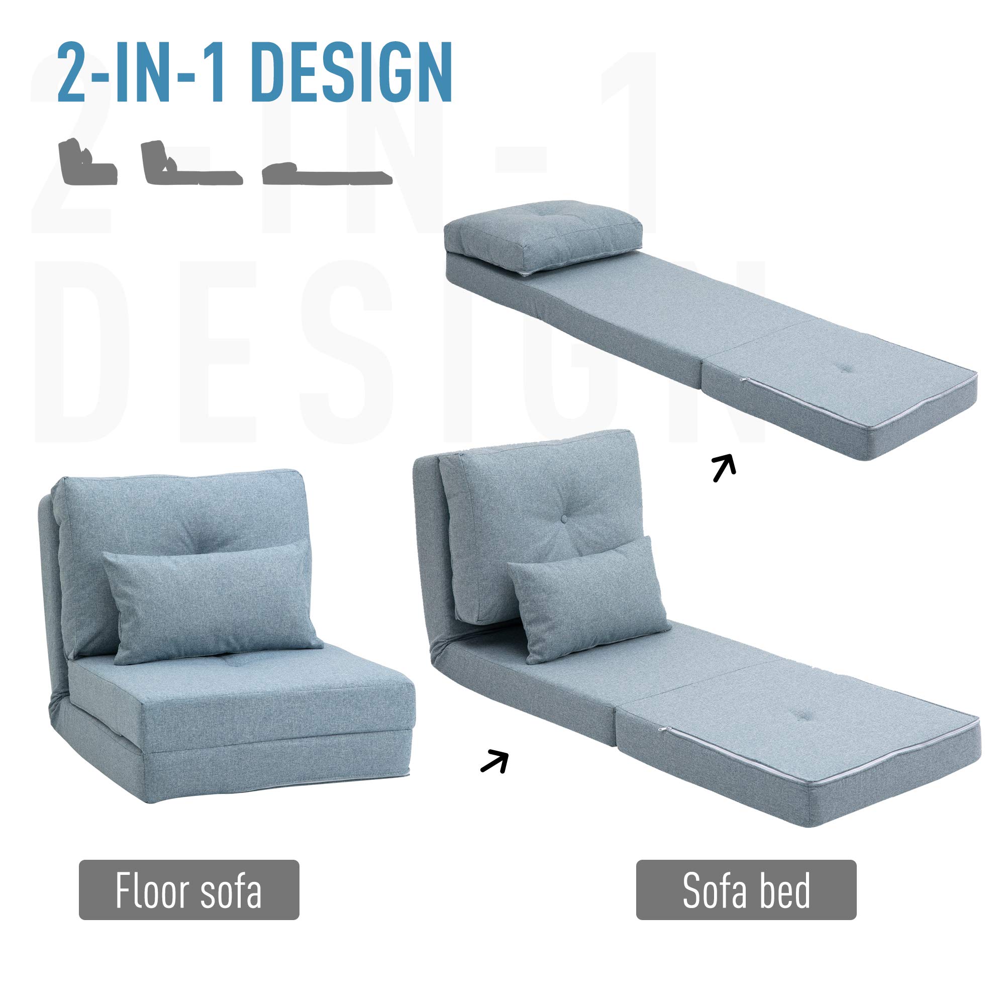 HOMCOM Convertible Flip Chair to Sofa Bed, Adjustable Backrest Folding Floor Lazy Couch with Metal Frame & Pillows - Blue Upholstered Furniture for Living Room, Bedroom, Small Space | Perfect for Lounging, Napping & Guest Sleeping