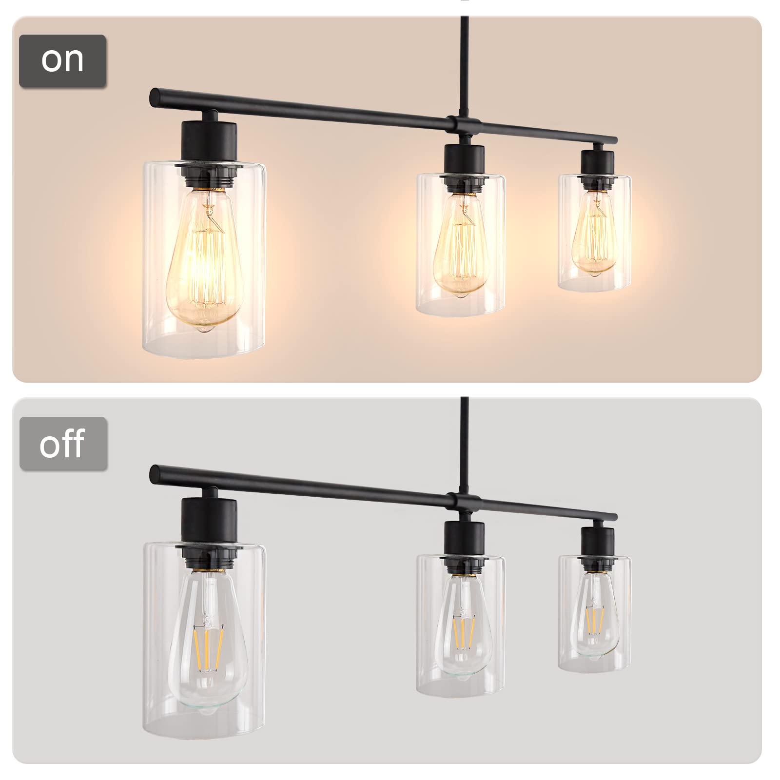Modern Black Linear Chandelier Pendant Light - 3-Light Kitchen Island Lighting with Glass Shades, Hanging Fixture for Foyer, Bar, Living Room, Dining Room & Bedroom | Perfect for Contemporary Home Decor and Ambient Lighting