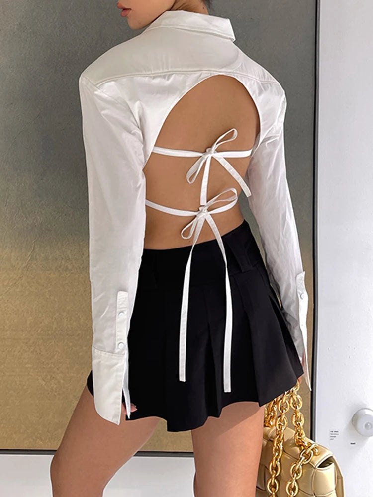 Women's Backless White Blouse - Lapel Long Sleeve Button Down Shirt for Women | Office Wear, Date Night & Casual Outfits