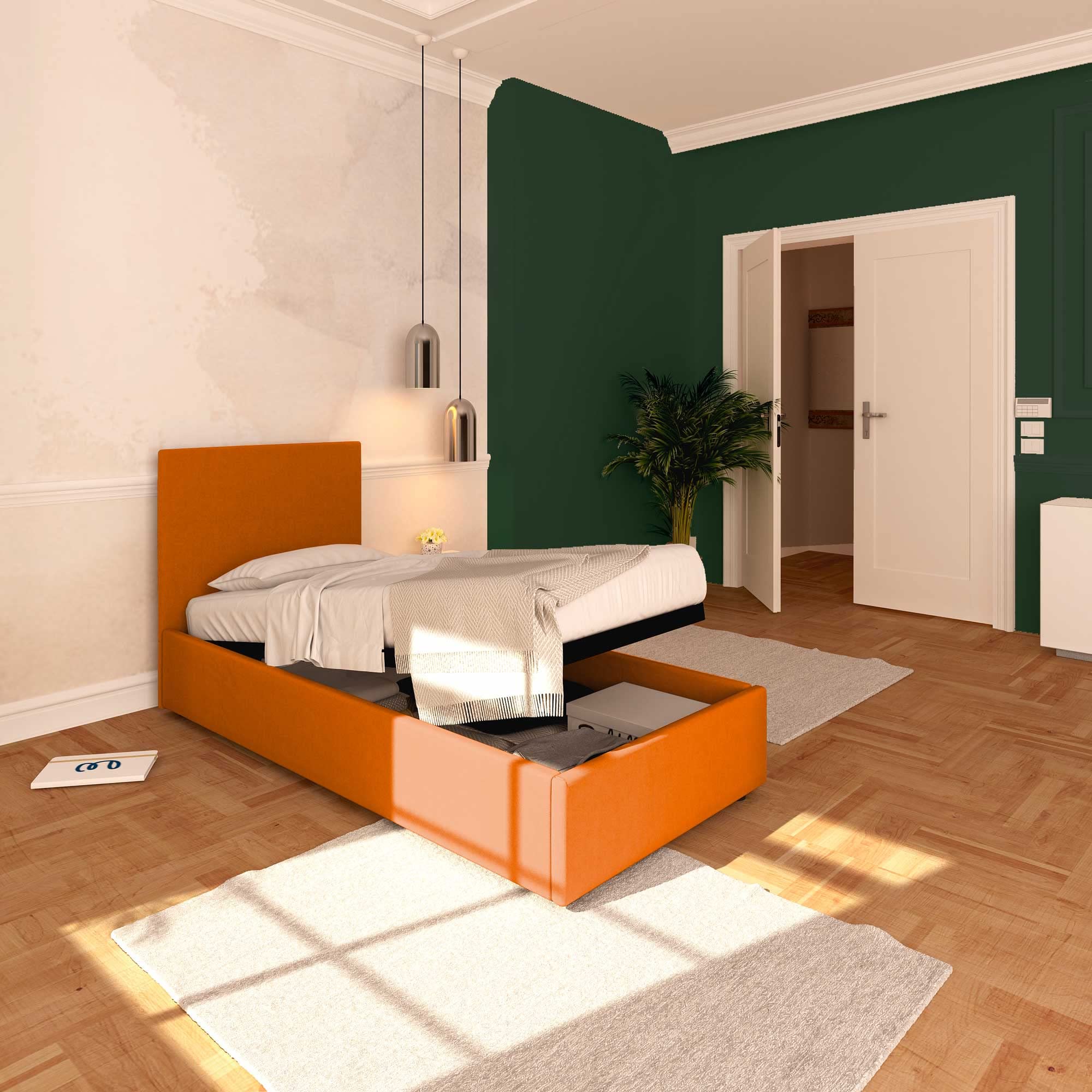 Baldiflex Single Bed with Storage - Rossano Model Synthetic Leather Upholstery, Slatted Base for Single Mattresses, 80 x 200 cm, Elegant Headboard in Orange - Perfect for Small Bedrooms, Guest Rooms & Studio Apartments