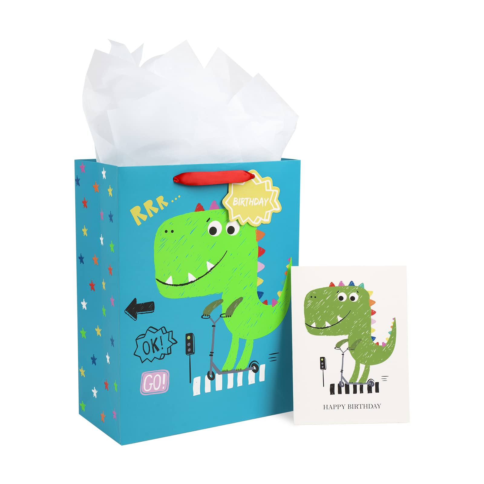 MAYPLUSS 13 Inch Large Dinosaur Gift Bags for Boys - Birthday Party Favor Bags with Greeting Card & Tissue Paper - Perfect for Kids Birthday Parties, Baby Showers & Holiday Gift Wrapping