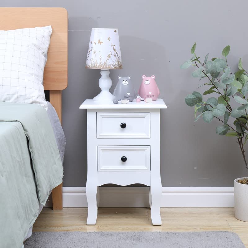 LIKOVSCI Nightstand Set of 2 - White Wooden End Tables with 2 Decorated Drawers, Large Storage Side Tables for Bedroom - Perfect for Bedside Organization & Home Decor
