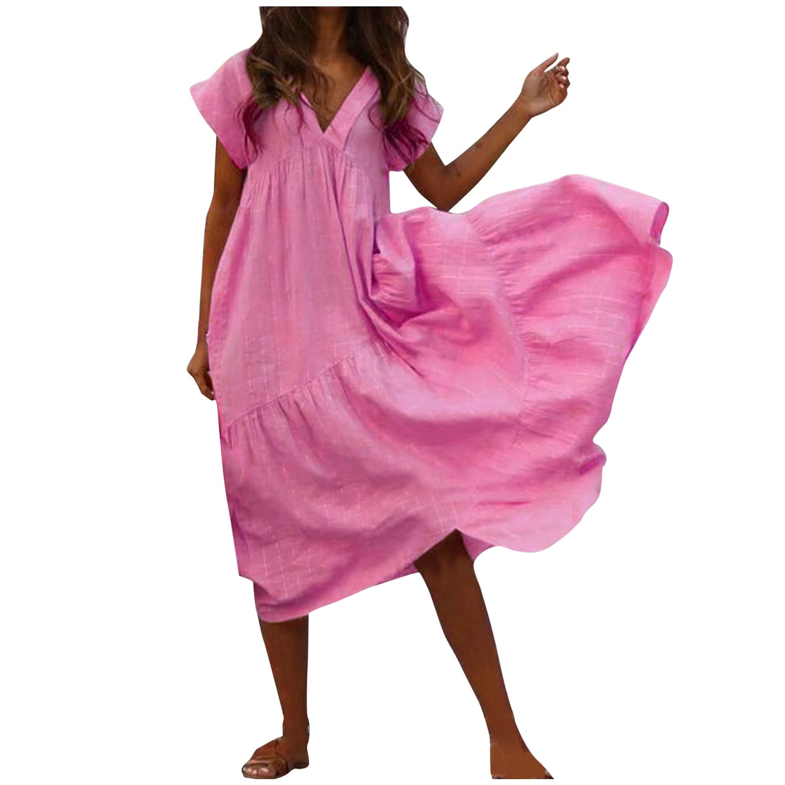 TuXinYu Women's V-Neck Chiffon Hem Dress - Solid Color Mid-Calf Short Sleeve Irregular Hem Summer Dress for Casual Wear, Beach Outings & Special Occasions