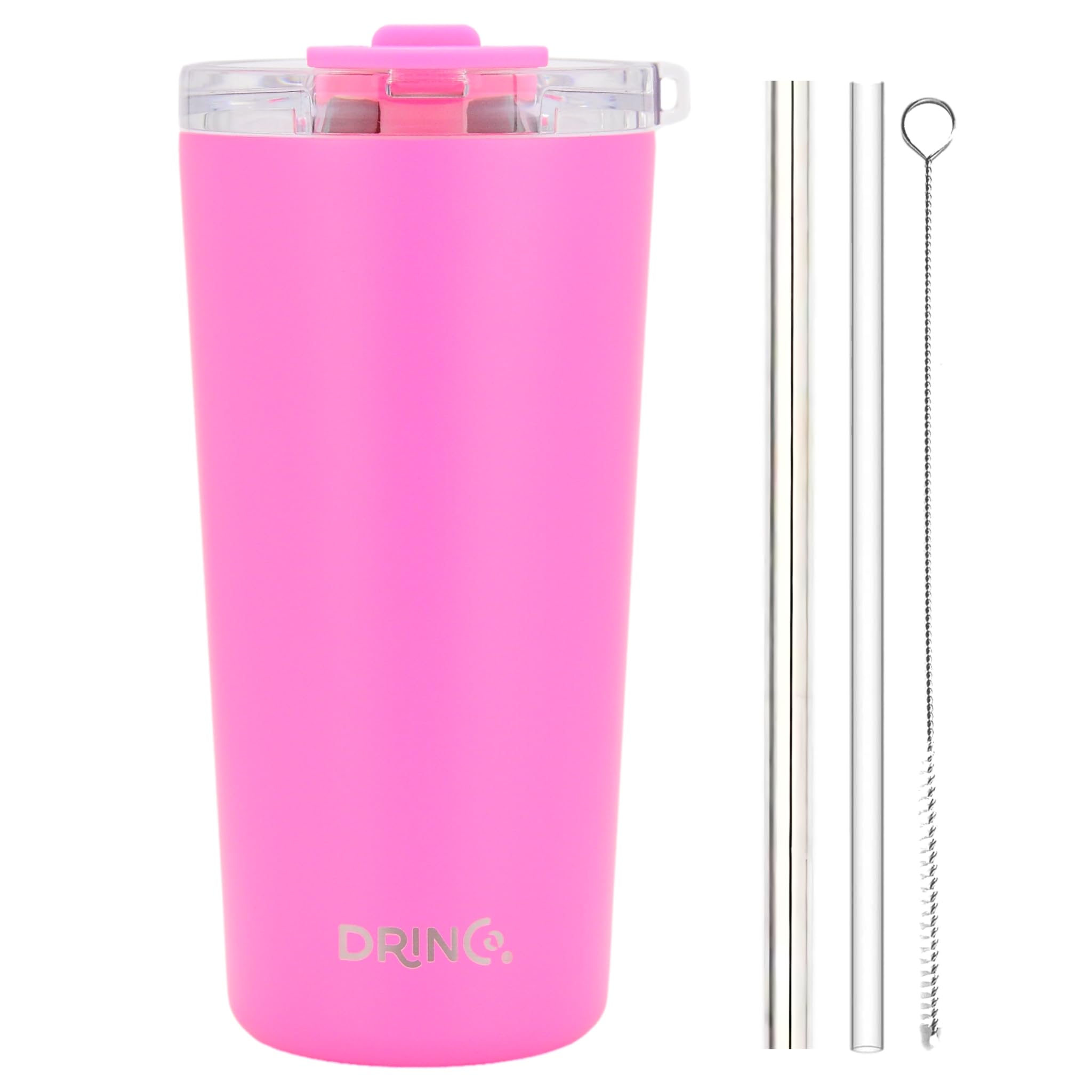 Drinco 20 oz Stainless Steel Tumbler - Double Wall Vacuum Insulated Travel Mug with Lid & 2 Straws - Keeps Hot/Cold Beverages for Hours - Perfect for Coffee, Tea, Smoothies & Iced Drinks at Home, Office or Gym (Island Pink)