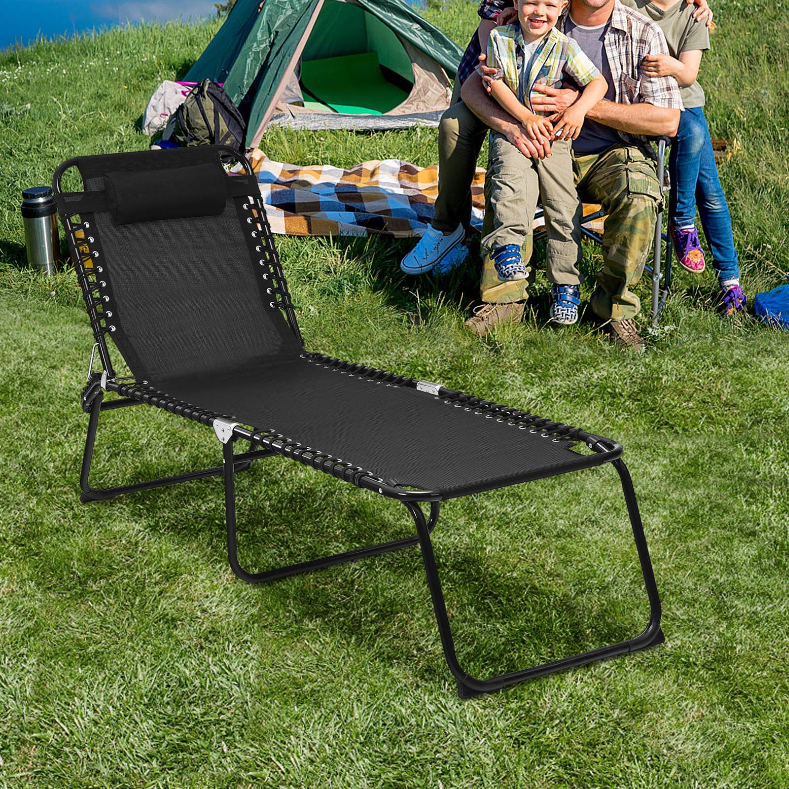 GYMAX Folding Tanning Chair with Adjustable Backrest & Removable Pillow - Extra High Lounge Chair for Sunbathing, Detachable Side Pocket, Indoor Outdoor Beach Chaise Lounger (Black) - Perfect for Poolside Relaxation, Backyard Sunbathing & Beach Vacations