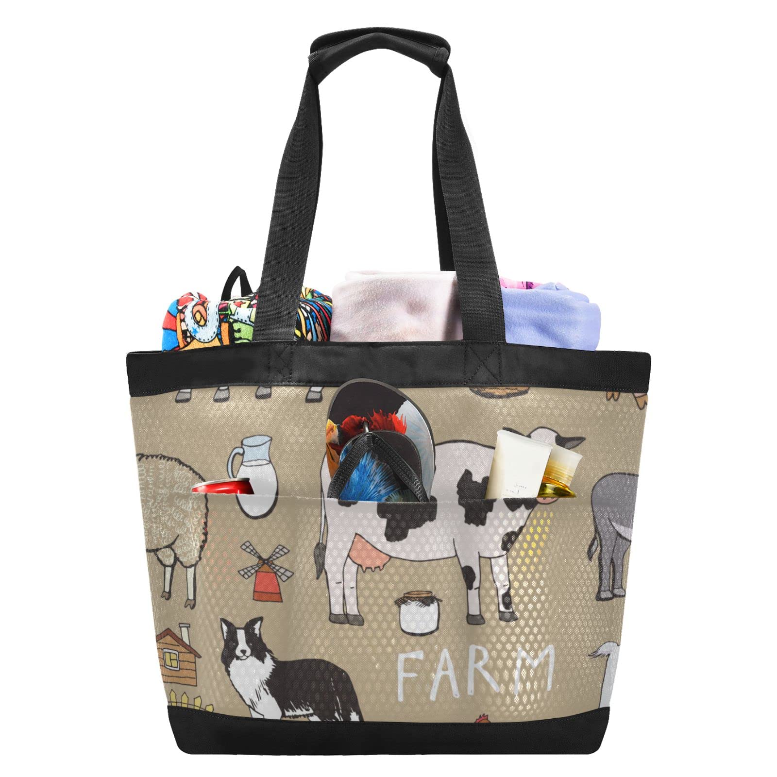 Farm Animals Pattern Waterproof Beach Bag - Large Mesh Tote for Travel, Pool, Gym & Yoga | White | Perfect for Summer Outings, Swimwear Storage & Sports Gear