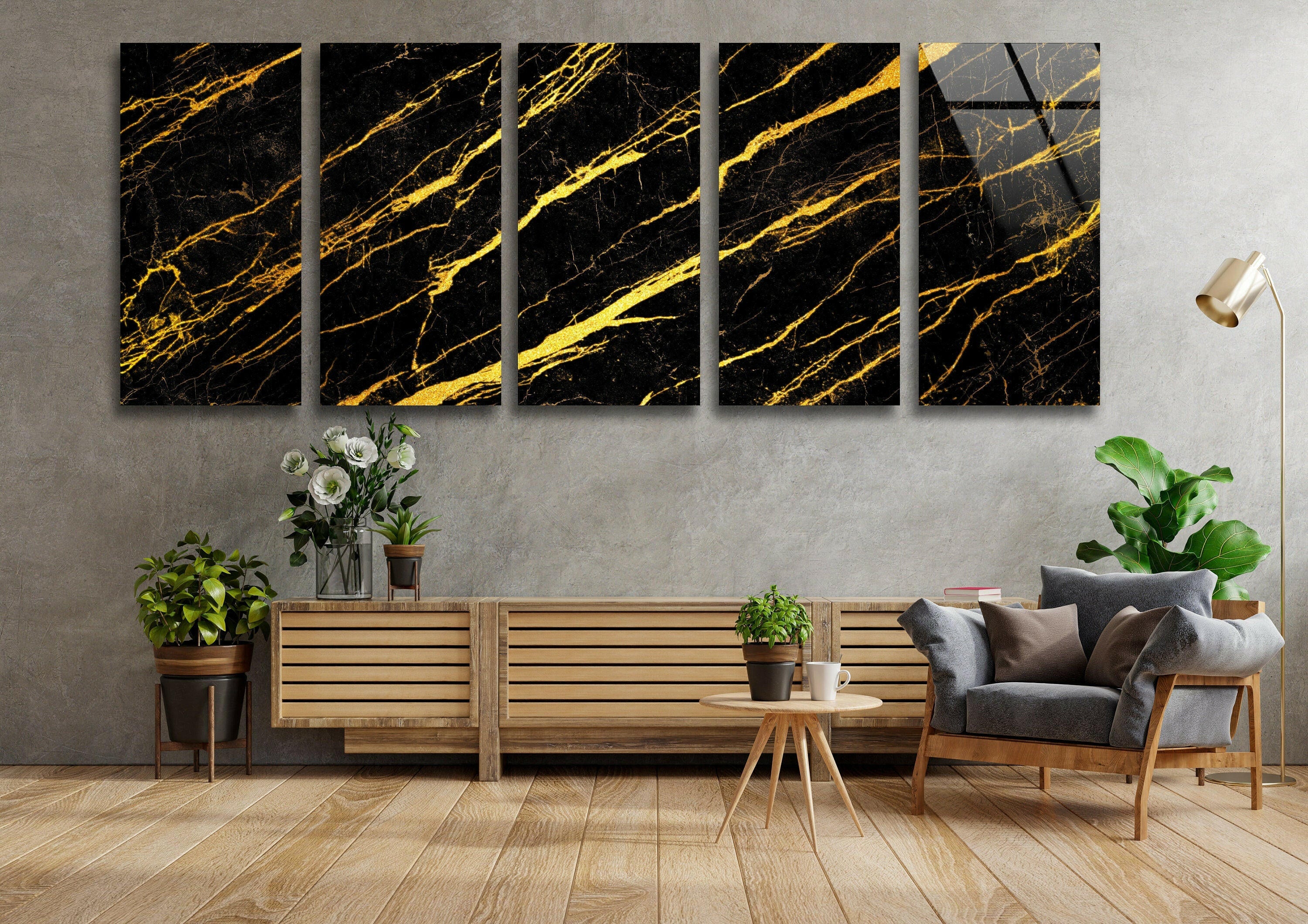 Elegant Black Marble with Gold Veins Glass Wall Art - Modern Home Decor for Living Room, Bedroom & Office