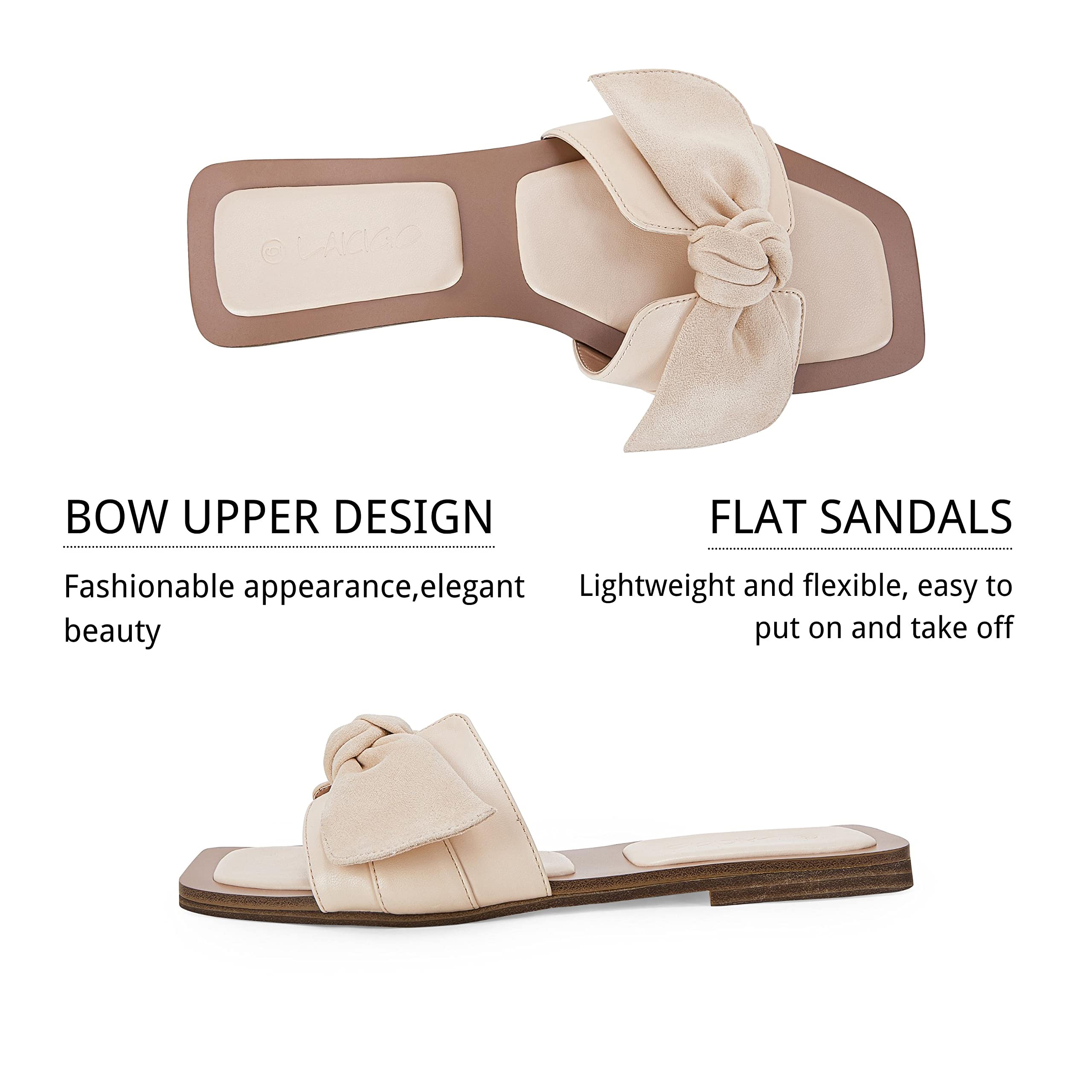 LAICIGO Women's Square Toe Slide Sandals - Bow Knot Slip On Backless Faux Suede Summer Flat Sandals | Comfortable Casual Beach Shoes for Walking, Vacation & Outdoor Activities