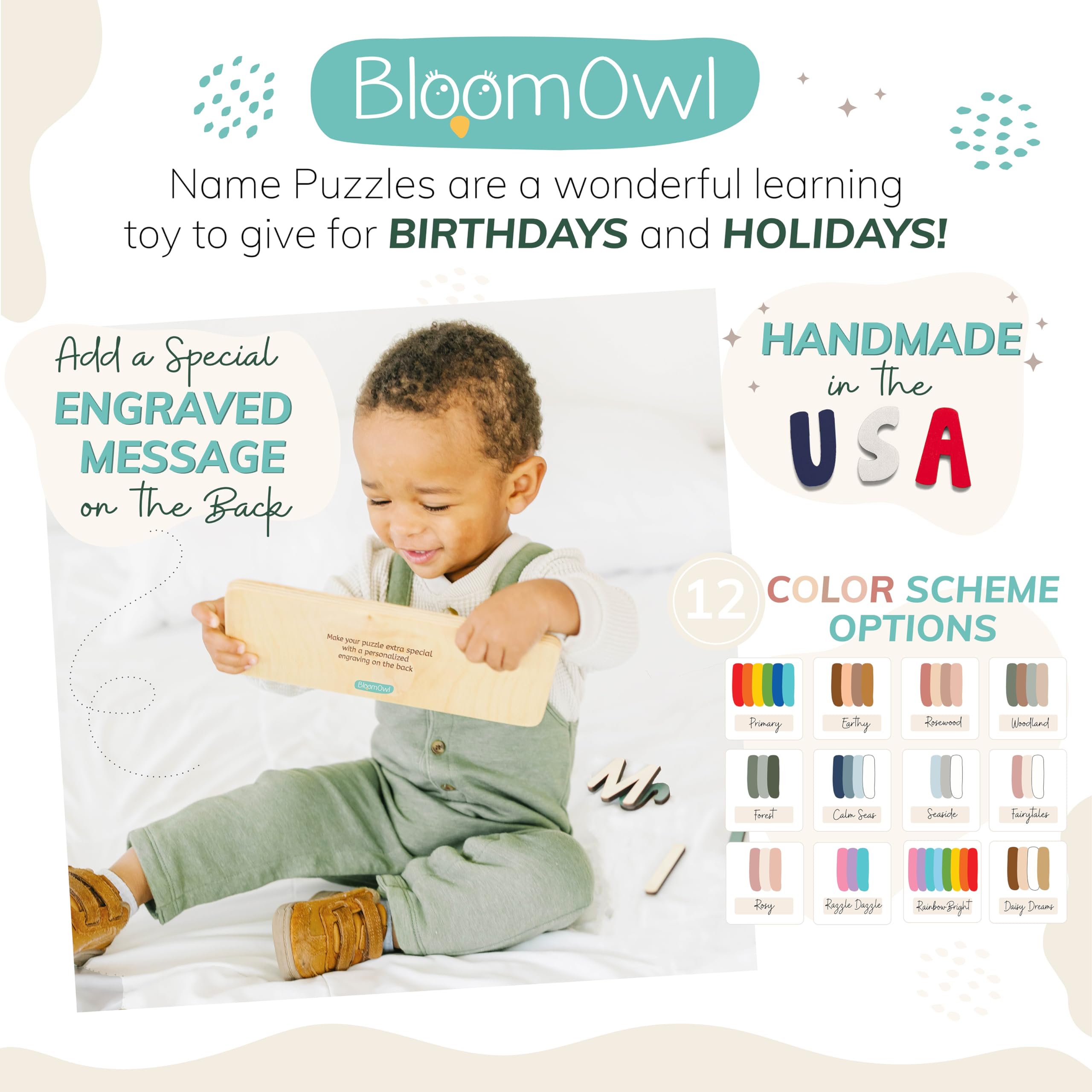Personalized Wooden Name Puzzle for Kids - Custom Baby Gift for Boys & Girls | Handmade in USA by Bloom Owl | Montessori Learning Toy for Toddlers 1-3 | Perfect for Easter, First Birthday & Nursery Decor