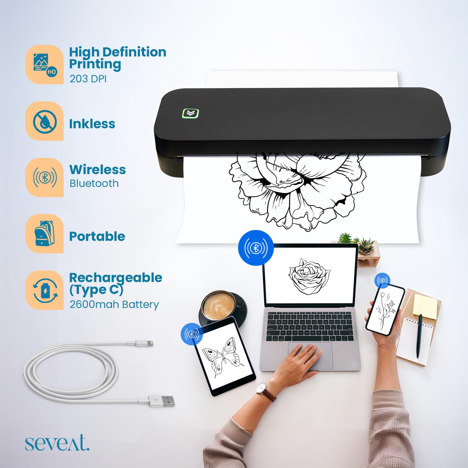 Bluetooth Thermal Tattoo Stencil Printer Machine - Wireless Tattoo Transfer Printer for iOS/Android & PC - Includes 10pcs Black Transfer Paper - Perfect for Professional Tattoo Artists & Home Studios
