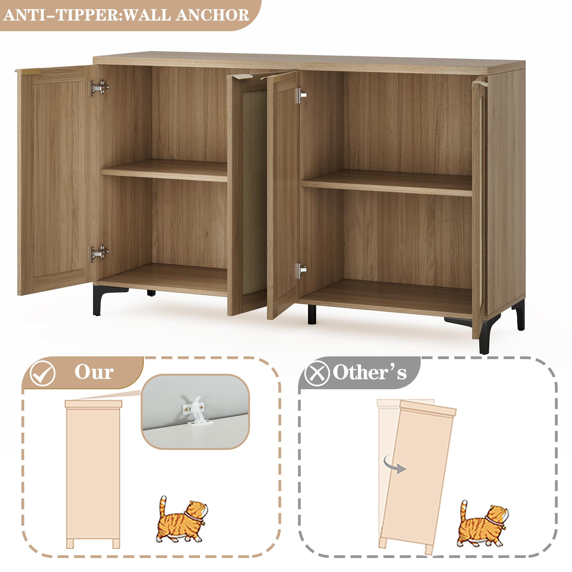 Rattan Sideboard Buffet Cabinet with 4 Doors, Adjustable Shelves & Metal Feet - Natural Wood Storage Console for Dining Room, Living Room | Perfect for Home Decor, Entertaining Guests & Organizing Dishes