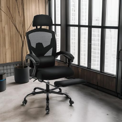 DUMOS Ergonomic High-Back Mesh Office Chair with Adjustable Footrest - Swivel Rolling Recliner with Wheels, Lumbar Support & Headrest - Comfortable Desk Chair for Home Office, Gaming & Study - Perfect for Long Working Hours & Online Classes - Black
