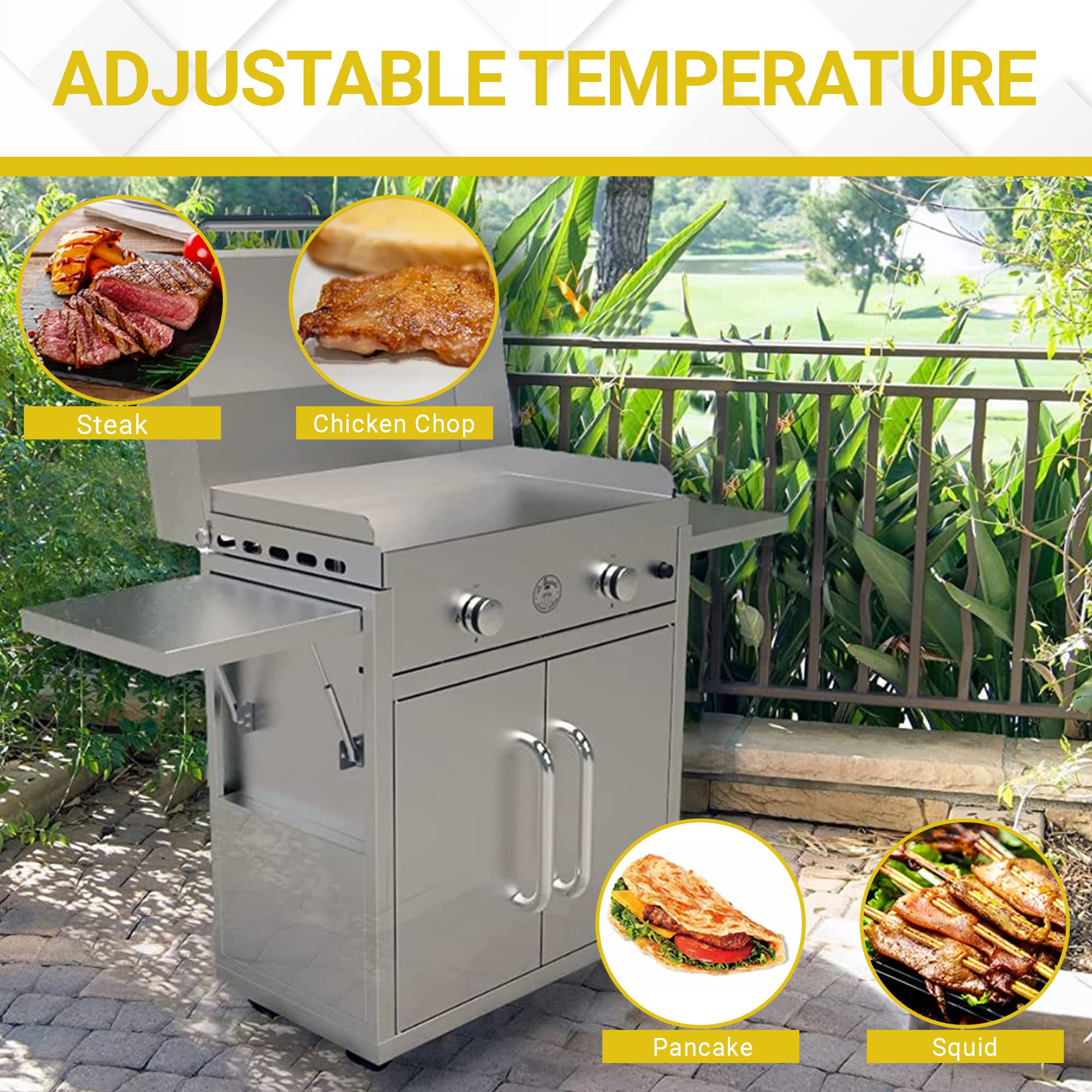 AMS Fireplace Le Griddle - Built-In Propane Gas Griddle with Stainless Steel Lid, Freestanding Cart, Rubber Wheels & Folding Shelves | Outdoor Cooking, Camping, Tailgating & Backyard BBQ