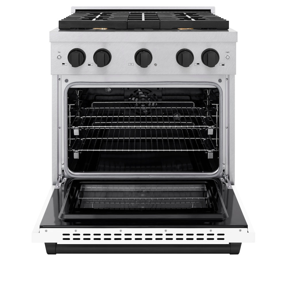 ZLINE Autograph Edition 30-inch Dual Fuel Range - 4.2 cu. ft. Capacity, 4-Burner Gas Cooktop & Electric Convection Oven - Satin Stainless Steel with White Matte Door & Matte Black Accents (SDRSZ WM 30 MB) - Perfect for Modern Kitchens, Home Chefs & Gourmet Cooking