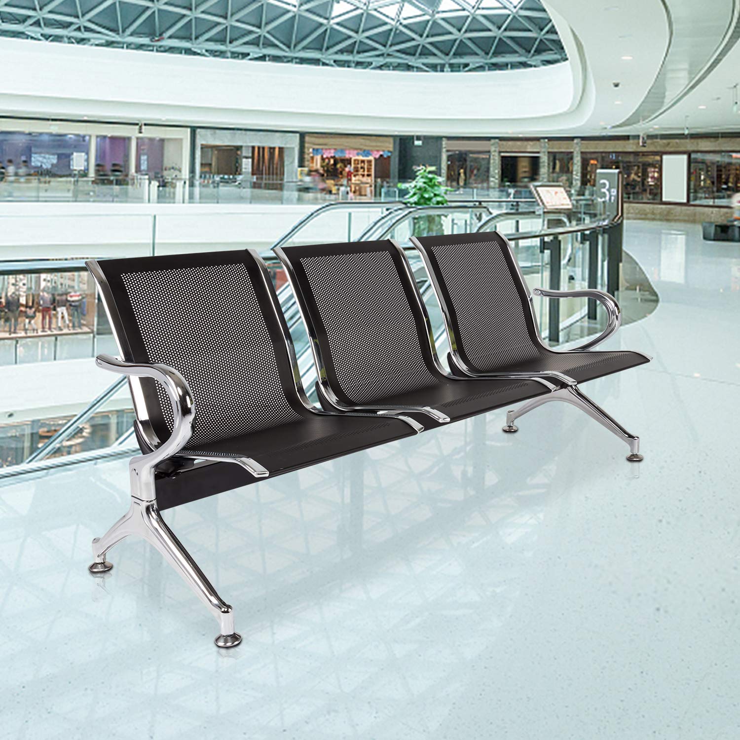 Kinfant 3-Seat Waiting Room Bench - Black Mesh Reception Chairs for Airport, Hospital, Bank, Salon & Conference Rooms | Comfortable Guest Seating Solution for Lobbies & Waiting Areas