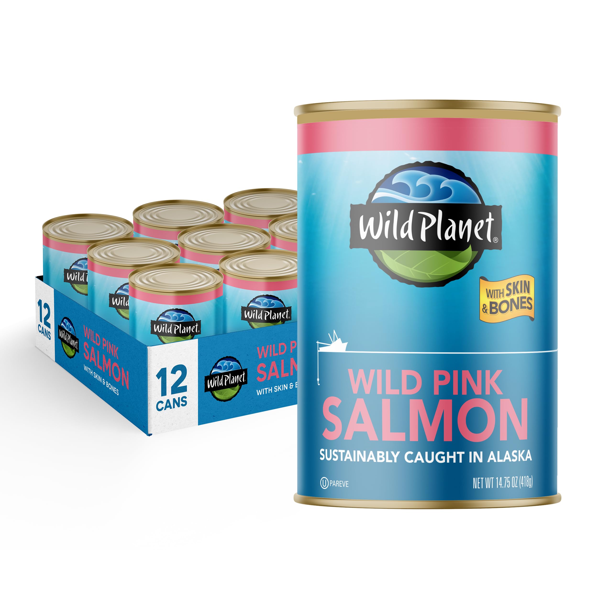 Wild Planet Wild Pink Salmon with Skin & Bones - Sustainably Caught, Non-GMO, Kosher, Gluten Free - Keto & Paleo Friendly Canned Salmon - 14.75oz (Pack of 12) - Perfect for Salads, Sandwiches, and Healthy Meal Prep